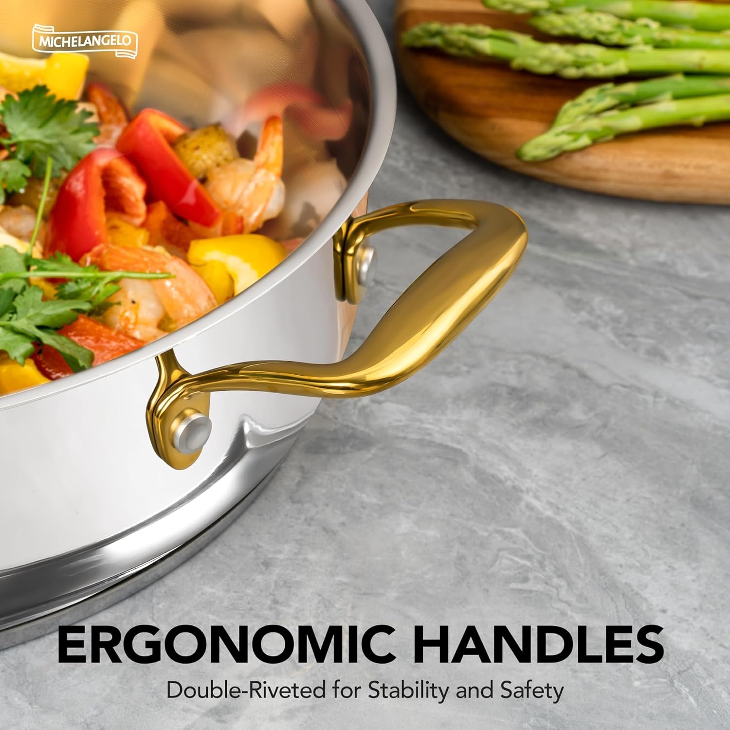 image:imageMICHELANGELO 12 Inch Stainless Steel Pan with Lid Large Saute Pan with Lid Deep Frying Pan Dishwasher amp OvenSafe All Cooktops Compatible 6 QuartGold Handle