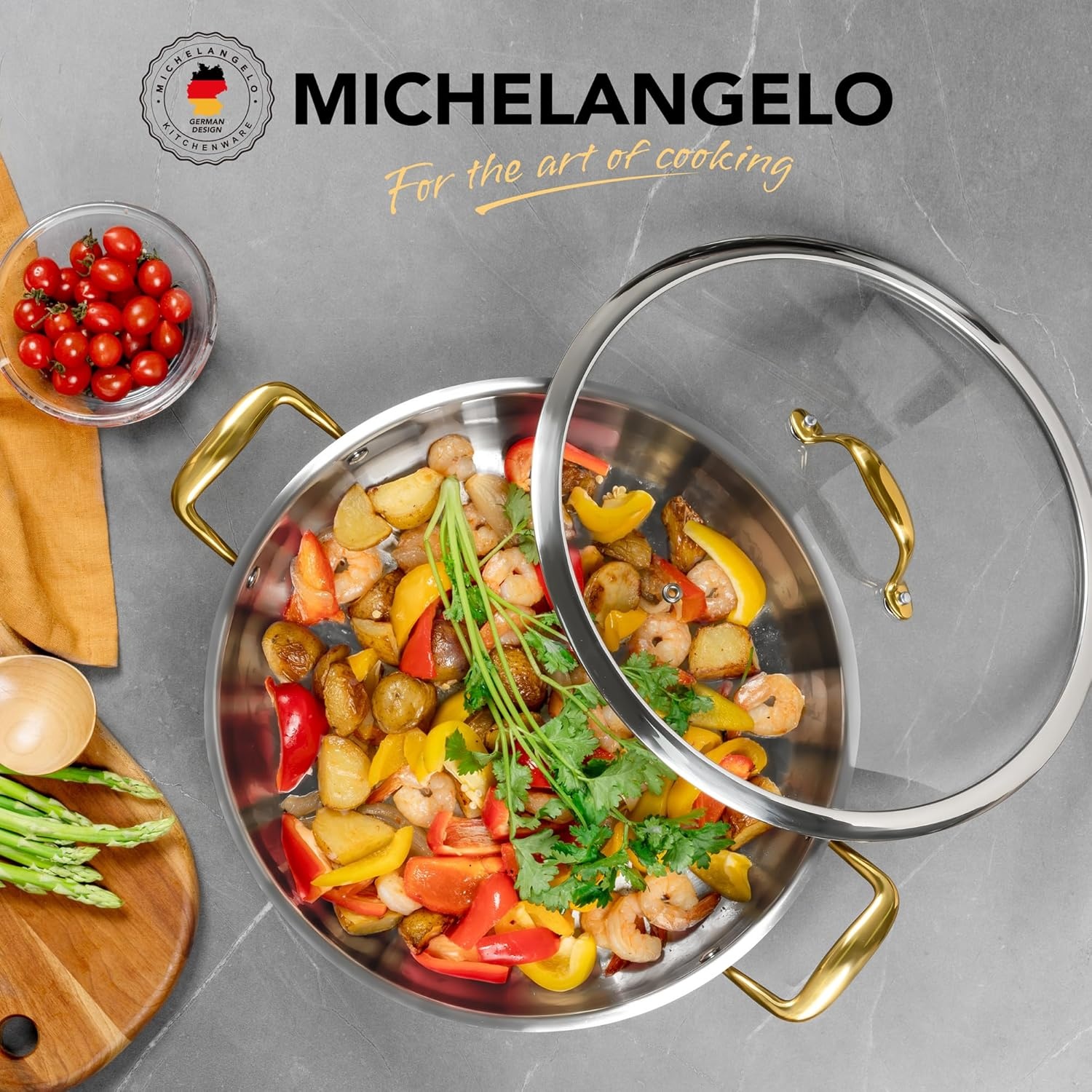 image:imageMICHELANGELO 12 Inch Stainless Steel Pan with Lid Large Saute Pan with Lid Deep Frying Pan Dishwasher amp OvenSafe All Cooktops Compatible 6 QuartGold Handle