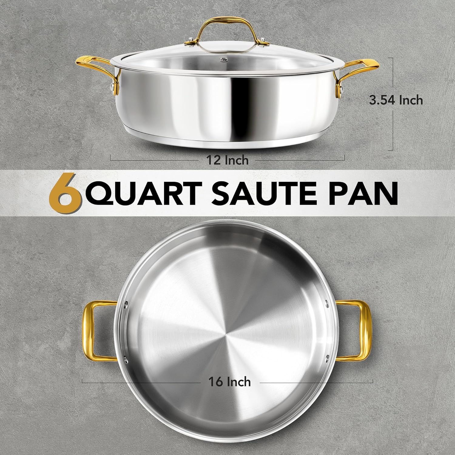 image:imageMICHELANGELO 12 Inch Stainless Steel Pan with Lid Large Saute Pan with Lid Deep Frying Pan Dishwasher amp OvenSafe All Cooktops Compatible 6 QuartGold Handle