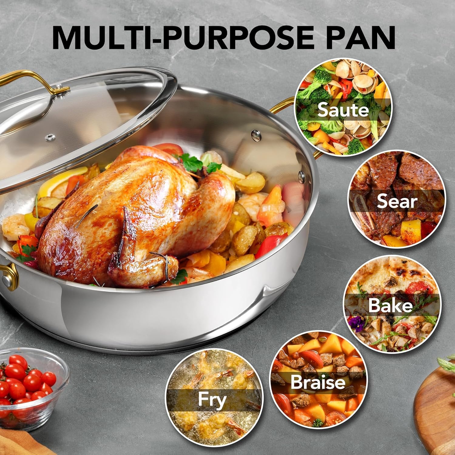 image:imageMICHELANGELO 12 Inch Stainless Steel Pan with Lid Large Saute Pan with Lid Deep Frying Pan Dishwasher amp OvenSafe All Cooktops Compatible 6 QuartGold Handle