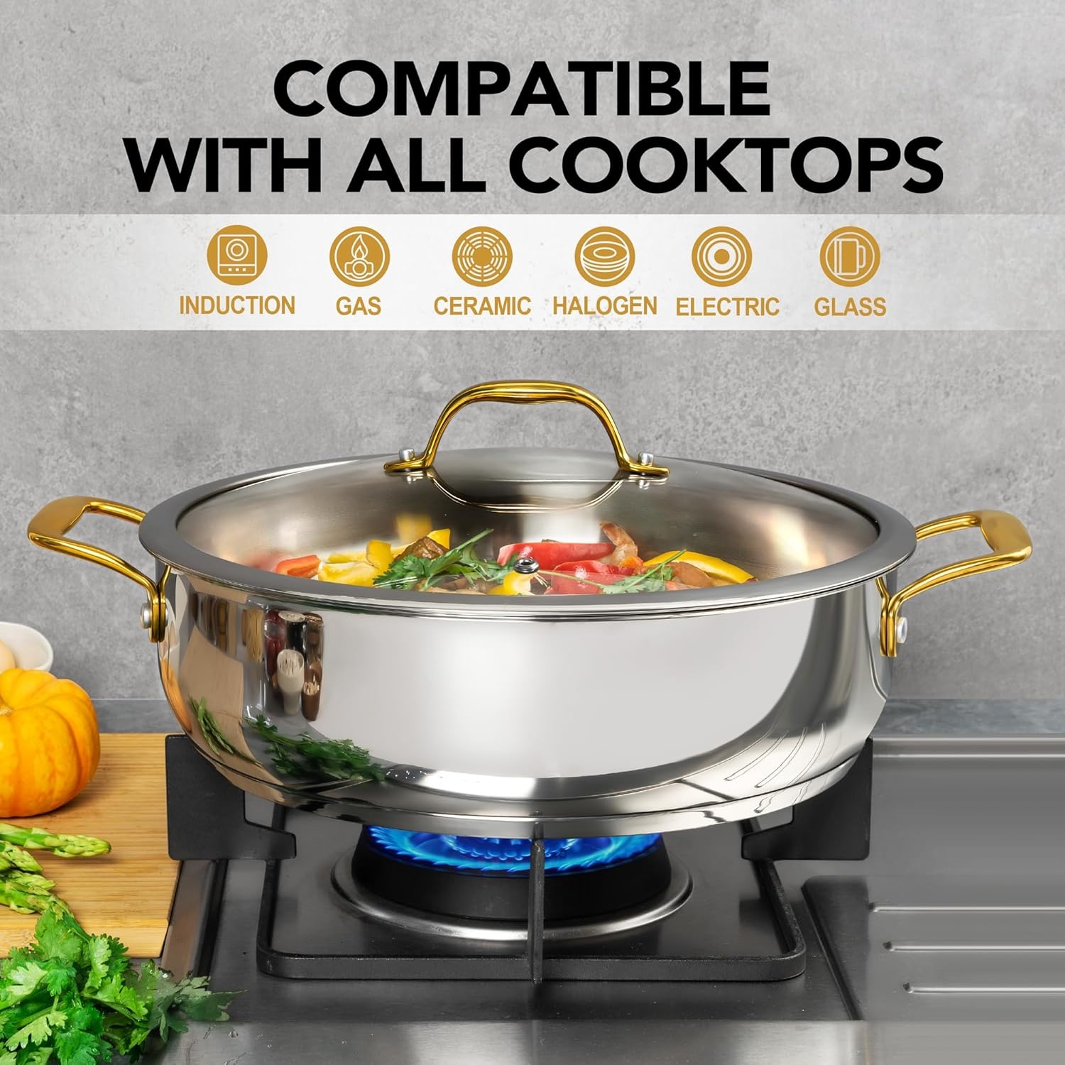 image:imageMICHELANGELO 12 Inch Stainless Steel Pan with Lid Large Saute Pan with Lid Deep Frying Pan Dishwasher amp OvenSafe All Cooktops Compatible 6 QuartGold Handle