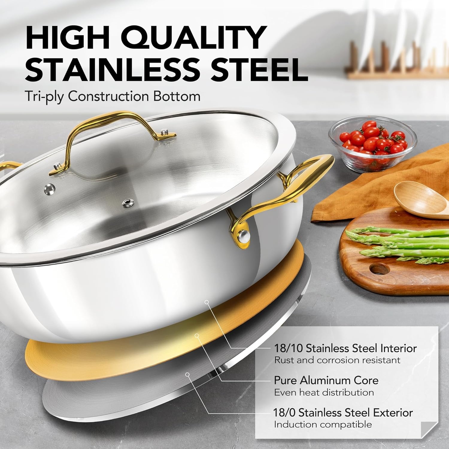 image:imageMICHELANGELO 12 Inch Stainless Steel Pan with Lid Large Saute Pan with Lid Deep Frying Pan Dishwasher amp OvenSafe All Cooktops Compatible 6 QuartGold Handle