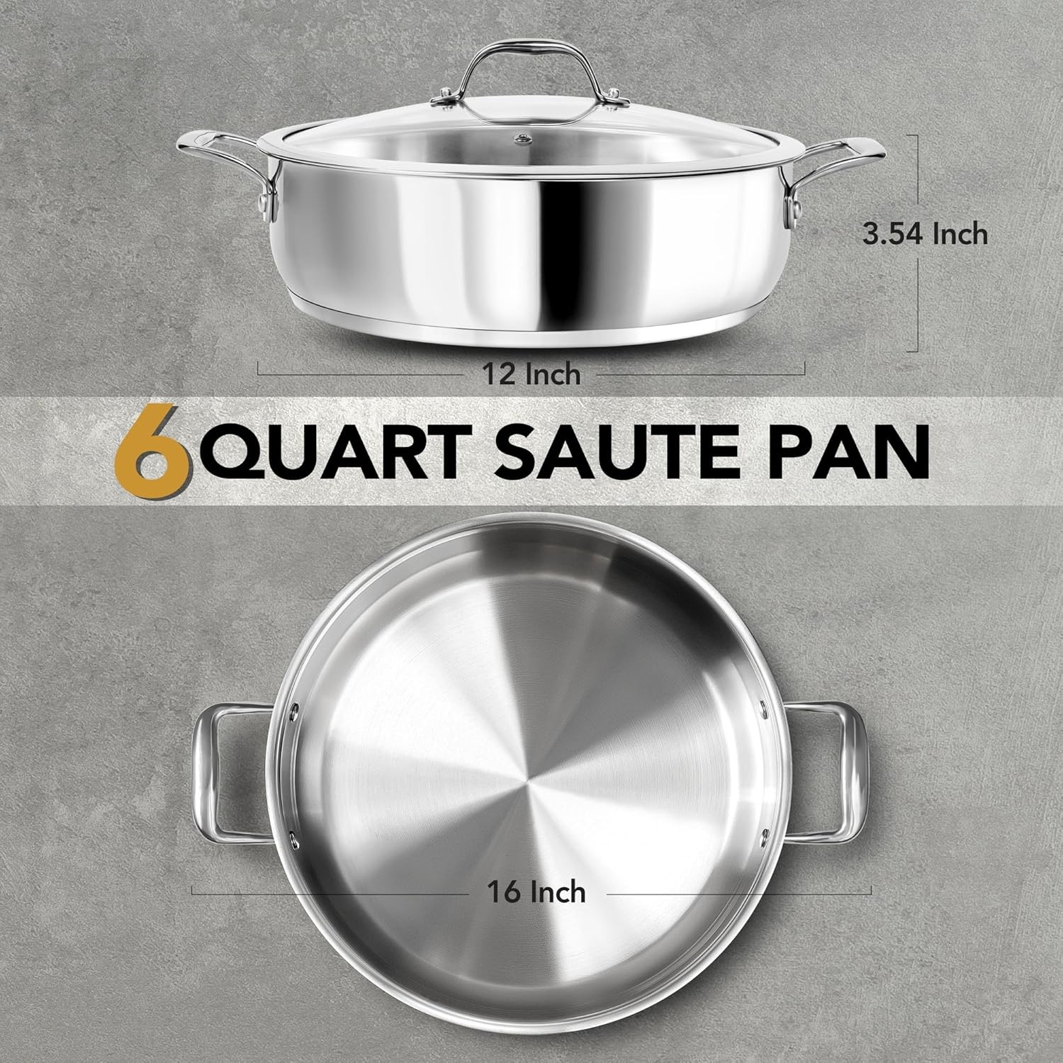 image:imageMICHELANGELO 12 Inch Stainless Steel Pan with Lid Large Saute Pan with Lid Deep Frying Pan Dishwasher amp OvenSafe All Cooktops Compatible 6 QuartSilver Handle