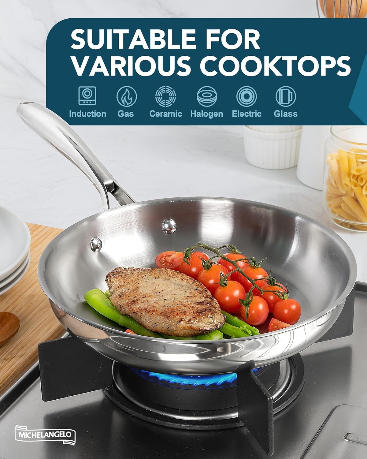 image:imageMICHELANGELO 1810 Stainless Steel Frying Pan Set 8 95 11 Cooking Pans Saucepan Set 6pc 1810 Stainless Steel Sauce Pan with Lid 1QT amp 2QT amp3QT