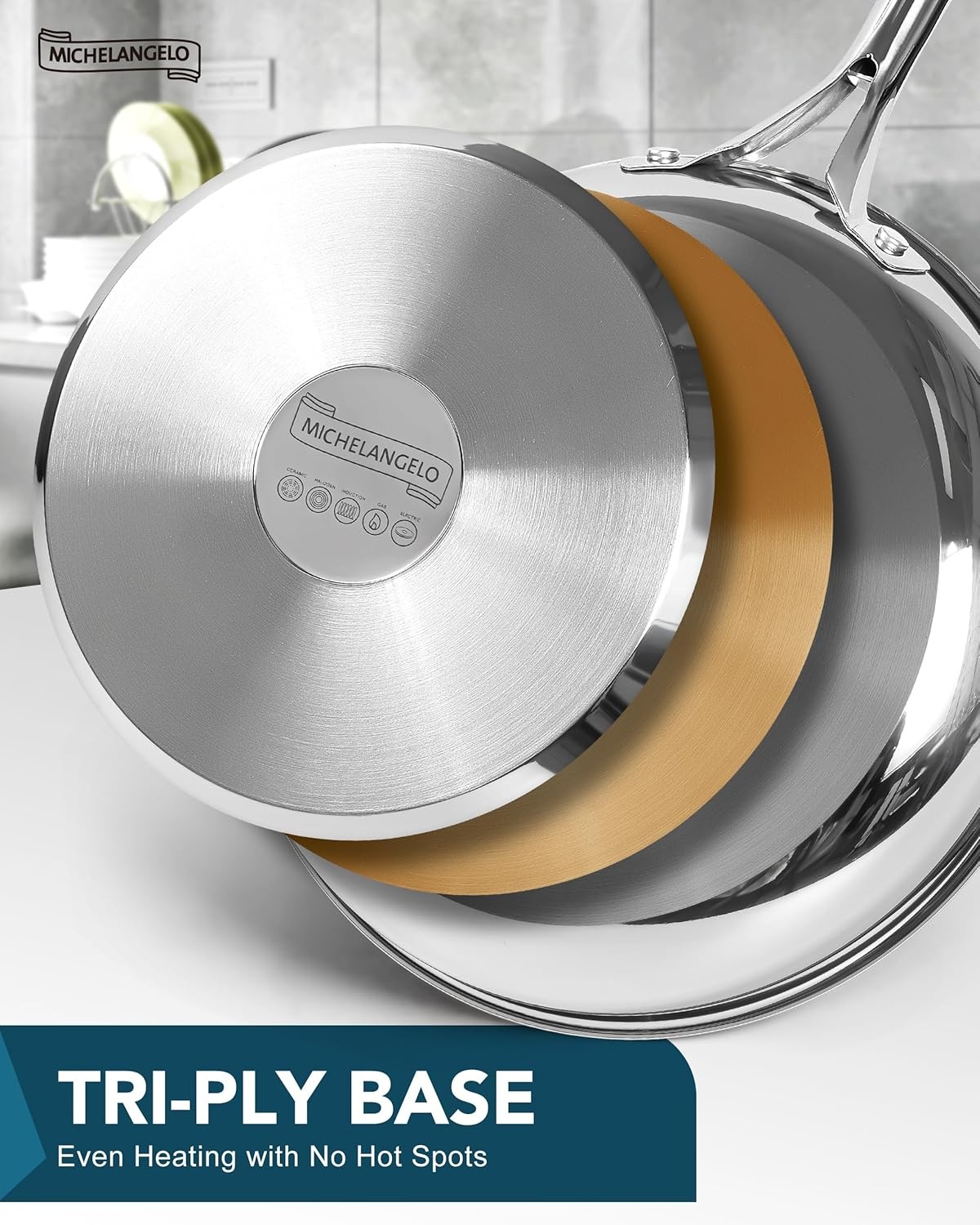 image:imageMICHELANGELO 1810 Stainless Steel Frying Pan Set 8 95 11 Cooking Pans Saucepan Set 6pc 1810 Stainless Steel Sauce Pan with Lid 1QT amp 2QT amp3QT