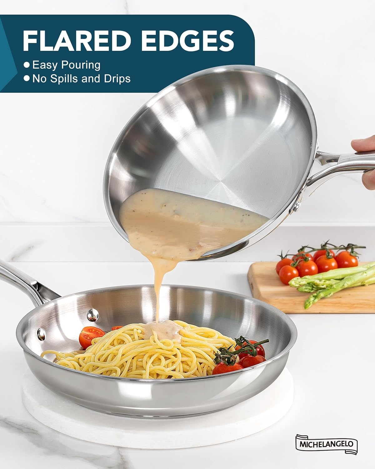 image:imageMICHELANGELO 1810 Stainless Steel Frying Pan Set 8 95 11 Cooking Pans Saucepan Set 6pc 1810 Stainless Steel Sauce Pan with Lid 1QT amp 2QT amp3QT