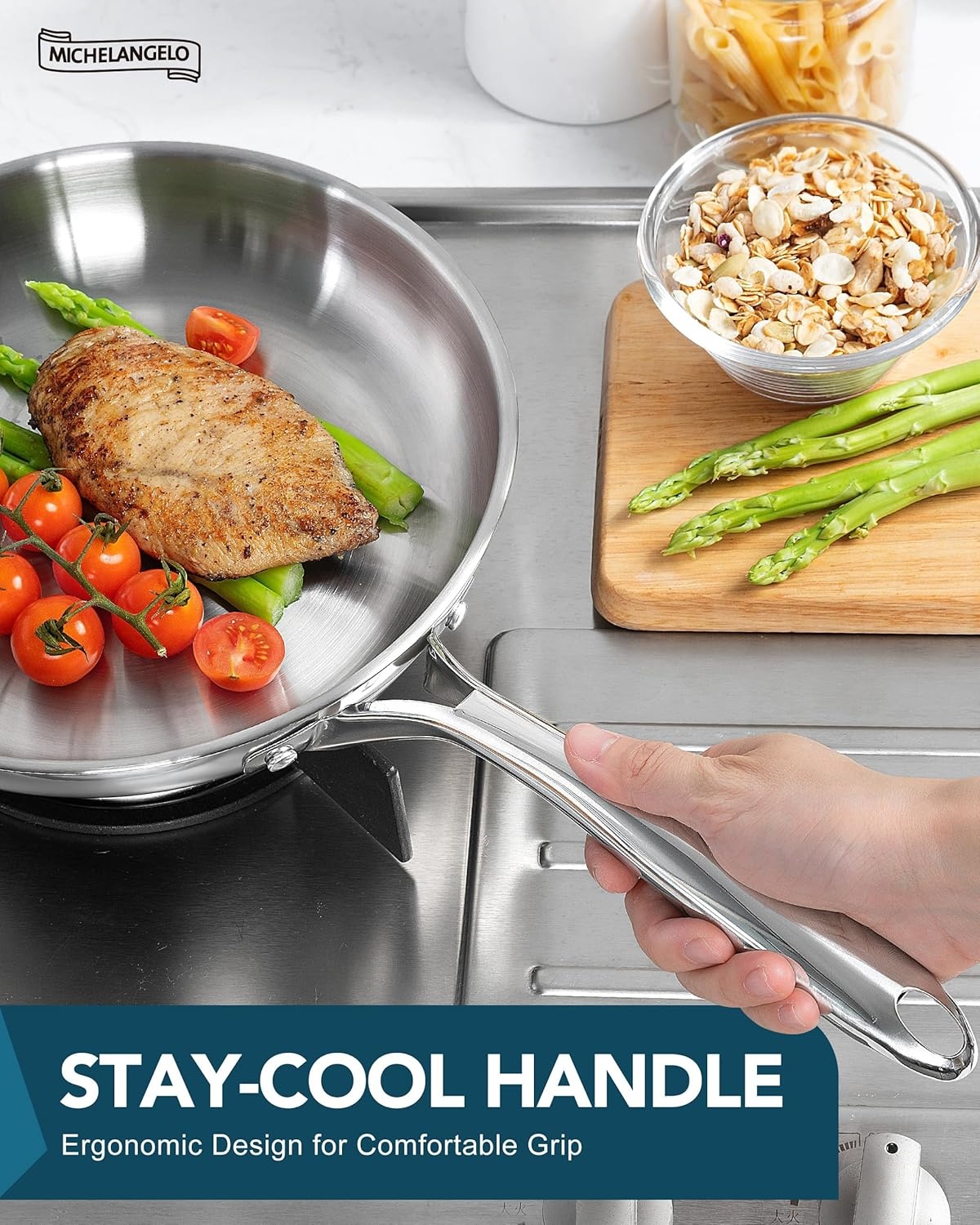 image:imageMICHELANGELO 1810 Stainless Steel Frying Pan Set 8 95 11 Cooking Pans Saucepan Set 6pc 1810 Stainless Steel Sauce Pan with Lid 1QT amp 2QT amp3QT