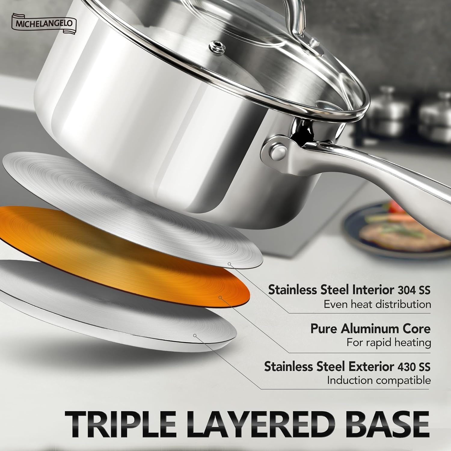 image:imageMICHELANGELO 1810 Stainless Steel Frying Pan Set 8 95 11 Cooking Pans Saucepan Set 6pc 1810 Stainless Steel Sauce Pan with Lid 1QT amp 2QT amp3QT