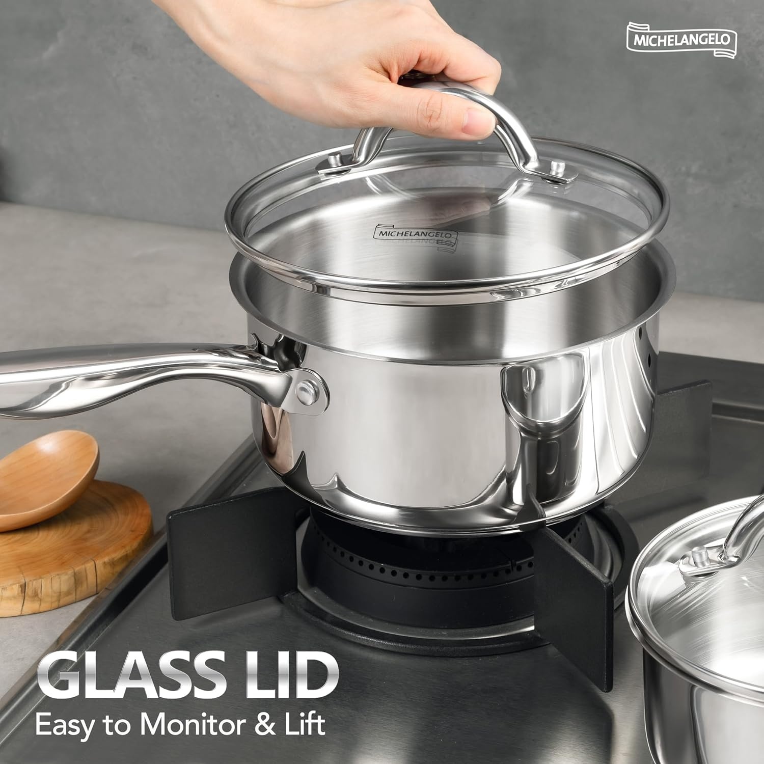 image:imageMICHELANGELO 1810 Stainless Steel Frying Pan Set 8 95 11 Cooking Pans Saucepan Set 6pc 1810 Stainless Steel Sauce Pan with Lid 1QT amp 2QT amp3QT