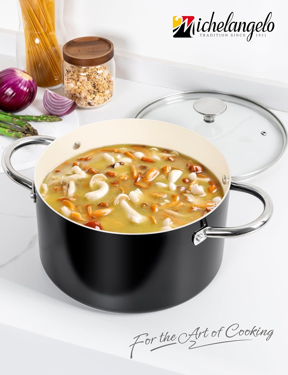 image:imageMICHELANGELO 6 QT Ceramic Stock Pot with Lid Nonstick Stockpot with Glass Lid Induction Cooking Pot for Soups Stews Oven Safe 6QT PurpleBlackCream