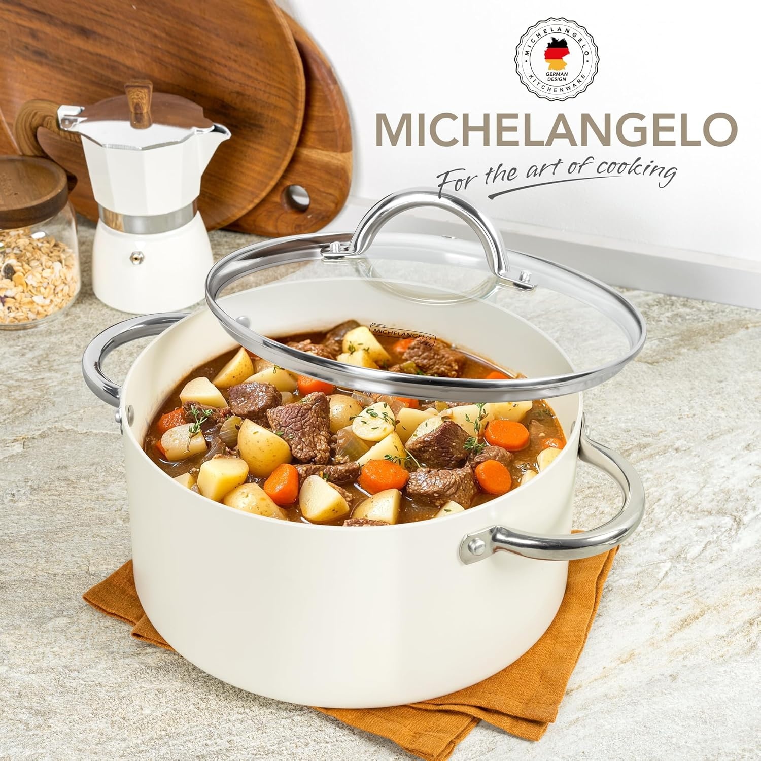 image:imageMICHELANGELO 8 Quart Stock Pot with Lid Non Toxic Cooking Pot Ceramic Soup Pots with Lid Non Stick Pot with Stainless Steel Handle Induction CompatibleCream