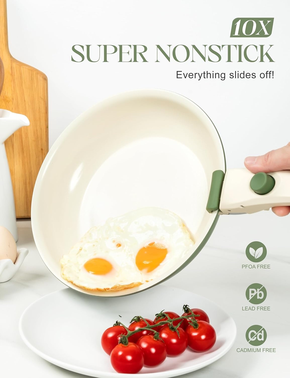 image:imageMICHELANGELO Ceramic Frying Pan Set 8 95 and 11 Fry Pans with Removable Handle Nonstick Skillet Sets with Non Toxic Coating PFOS amp PFOA Free Induction Compatible Green