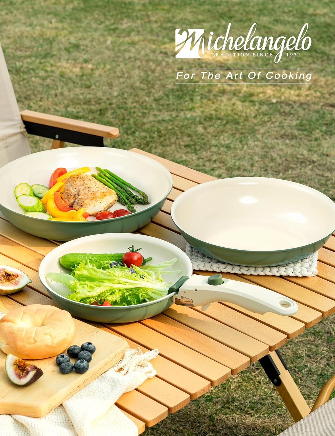 image:imageMICHELANGELO Ceramic Frying Pan Set 8 95 and 11 Fry Pans with Removable Handle Nonstick Skillet Sets with Non Toxic Coating PFOS amp PFOA Free Induction Compatible Green