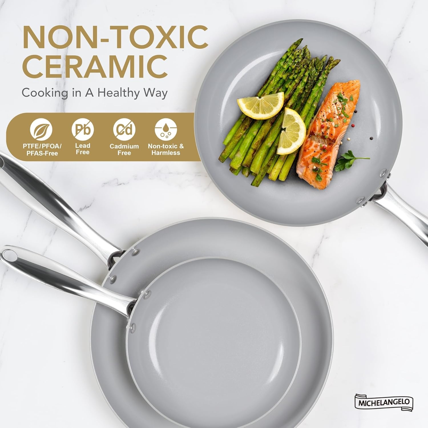image:imageMICHELANGELO Large Frying Pan with Lid 14 Inch Ceramic Skillet with Nonstick Coating Healthy Non Stick Fry Pan Induction CompatibleBeige