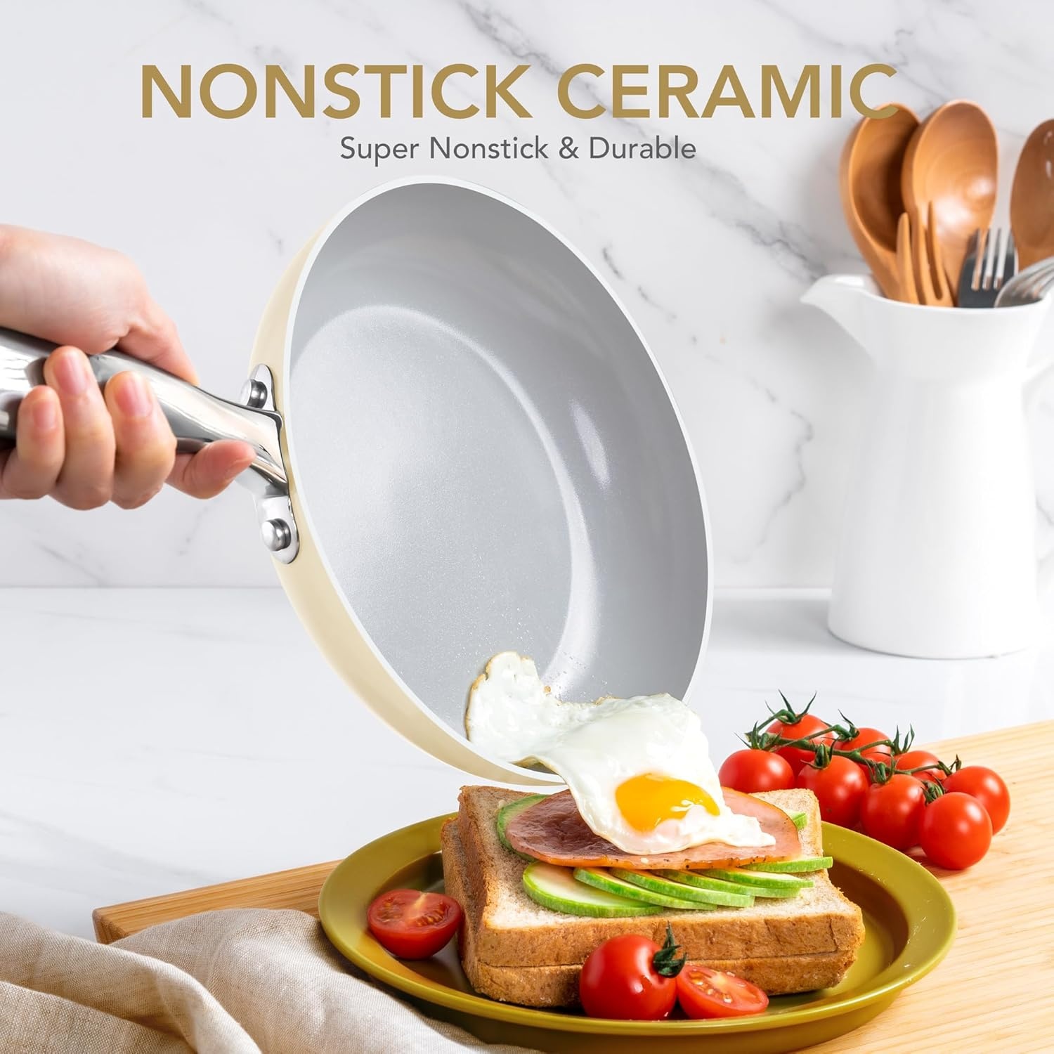 image:imageMICHELANGELO Large Frying Pan with Lid 14 Inch Ceramic Skillet with Nonstick Coating Healthy Non Stick Fry Pan Induction CompatibleBeige