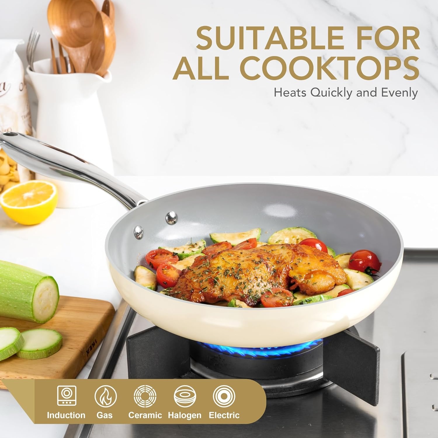 image:imageMICHELANGELO Large Frying Pan with Lid 14 Inch Ceramic Skillet with Nonstick Coating Healthy Non Stick Fry Pan Induction CompatibleBeige
