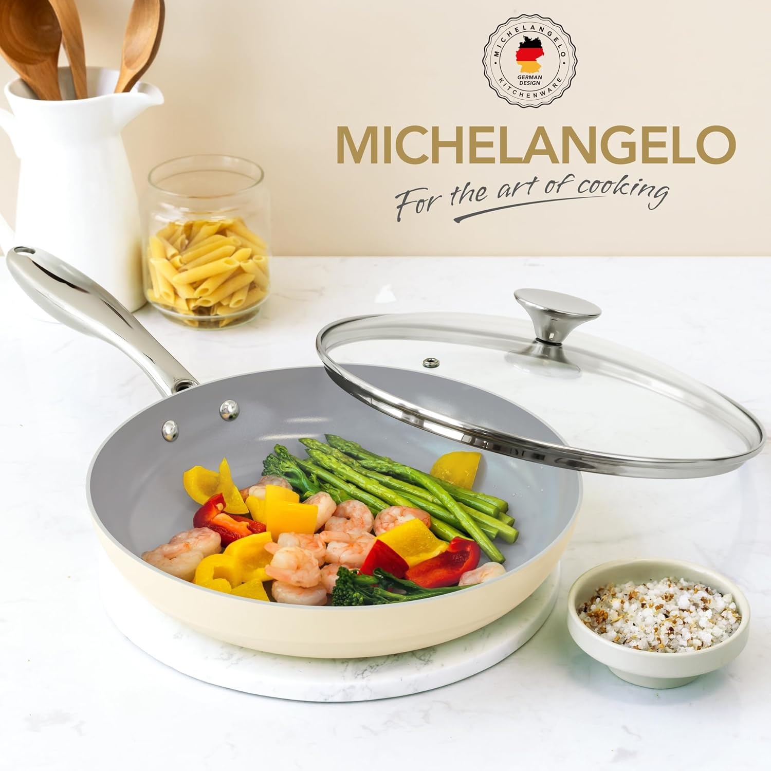 image:imageMICHELANGELO Large Frying Pan with Lid 14 Inch Ceramic Skillet with Nonstick Coating Healthy Non Stick Fry Pan Induction CompatibleBeige
