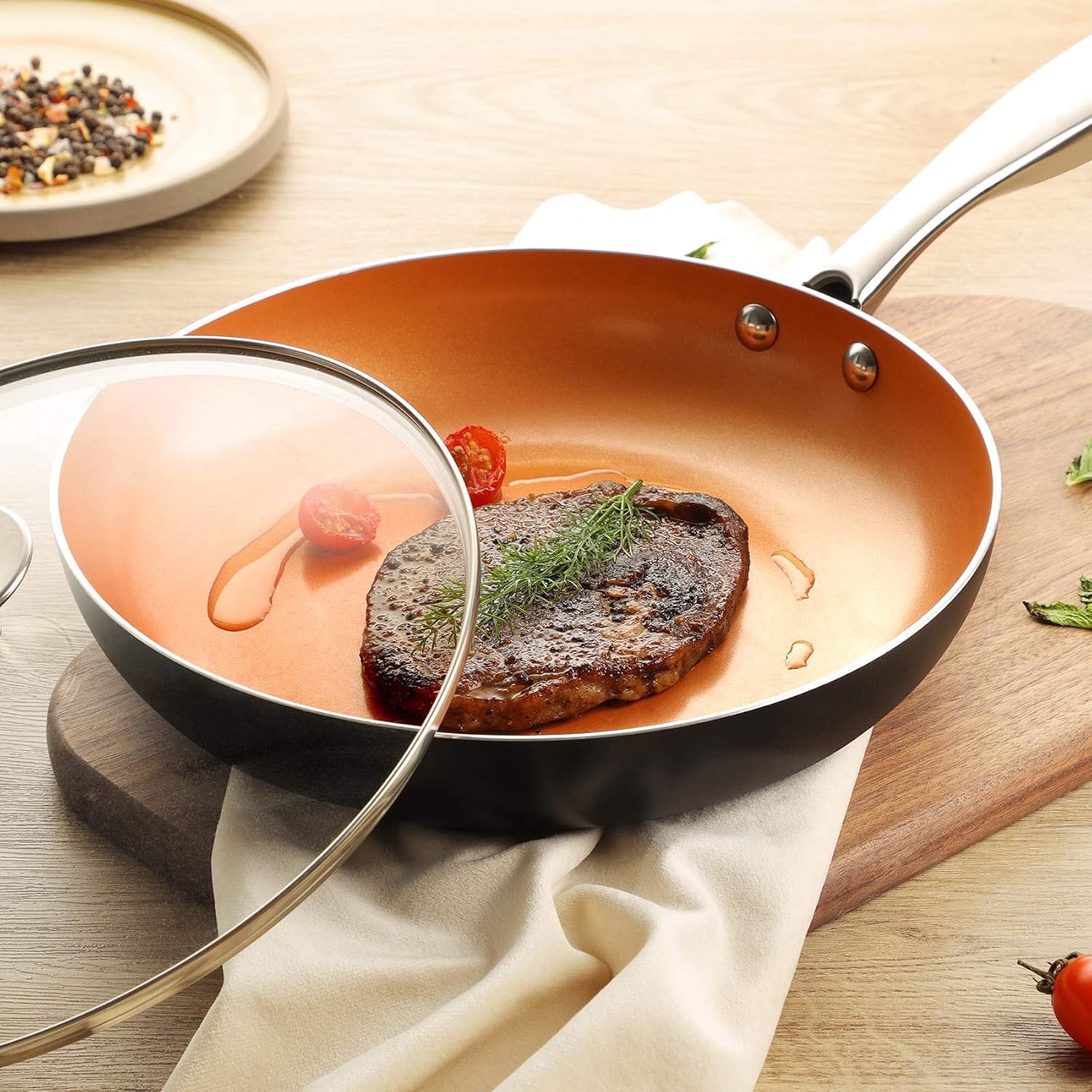 image:imageMICHELANGELO Large Frying Pan with Lid 14 Inch Ceramic Skillet with Nonstick Coating Healthy Non Stick Fry Pan Induction CompatibleOrange