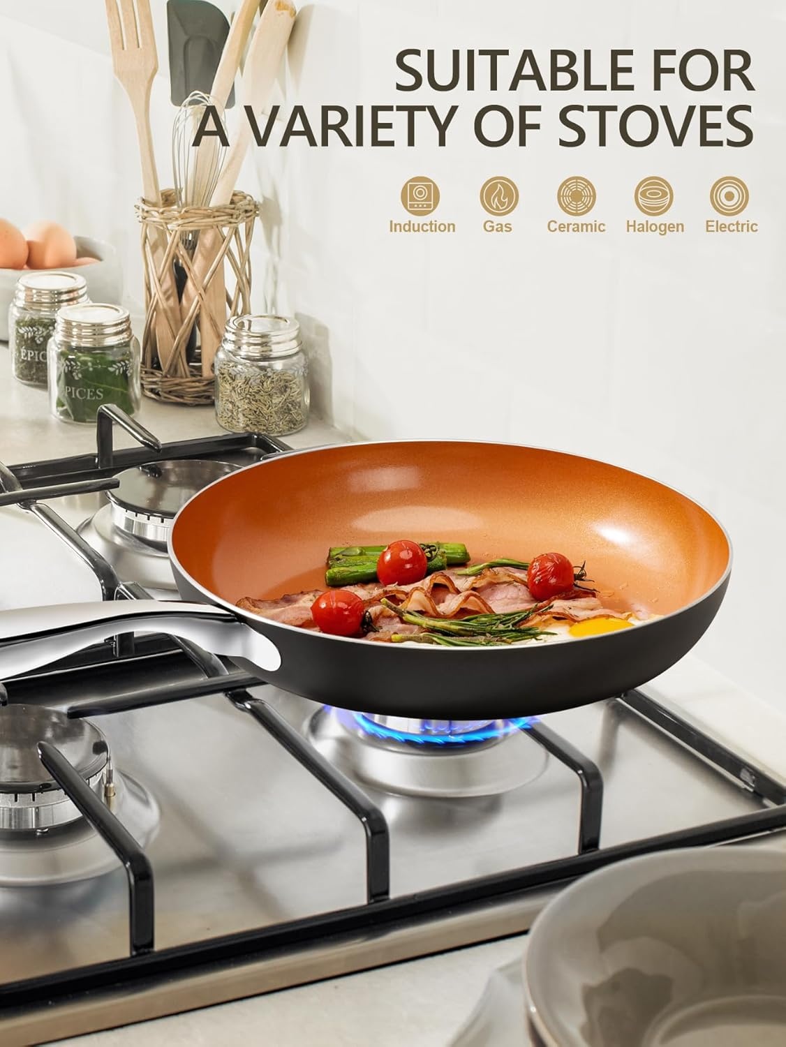 image:imageMICHELANGELO Large Frying Pan with Lid 14 Inch Ceramic Skillet with Nonstick Coating Healthy Non Stick Fry Pan Induction CompatibleOrange