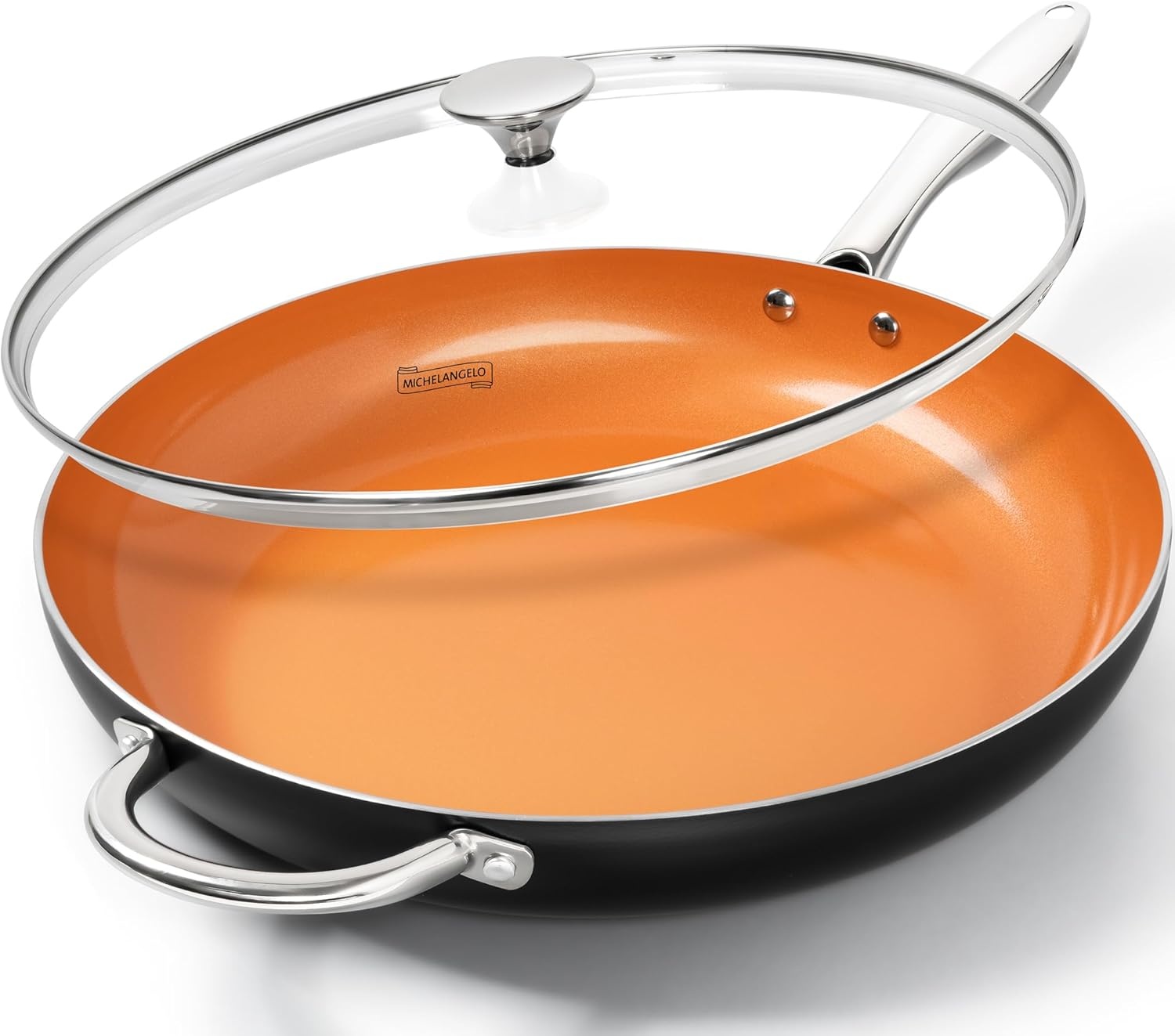 image:imageMICHELANGELO Large Frying Pan with Lid 14 Inch Ceramic Skillet with Nonstick Coating Healthy Non Stick Fry Pan Induction CompatibleOrange