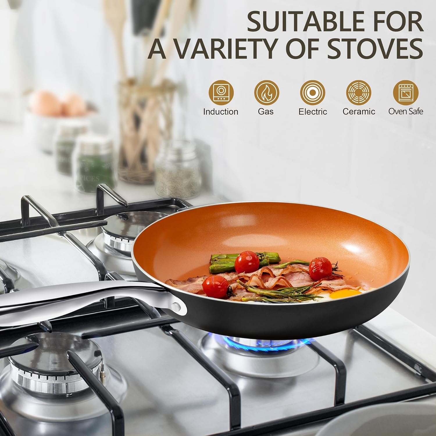 image:imageMICHELANGELO Large Frying Pan with Lid 14 Inch Ceramic Skillet with Nonstick Coating Healthy Non Stick Fry Pan Induction CompatibleOrange
