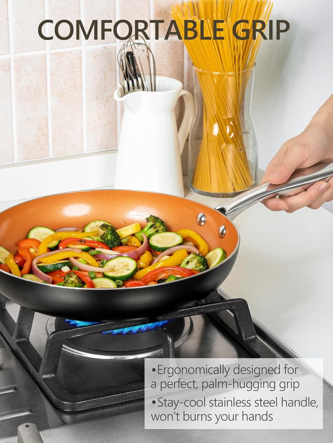 image:imageMICHELANGELO Large Frying Pan with Lid 14 Inch Ceramic Skillet with Nonstick Coating Healthy Non Stick Fry Pan Induction CompatibleOrange