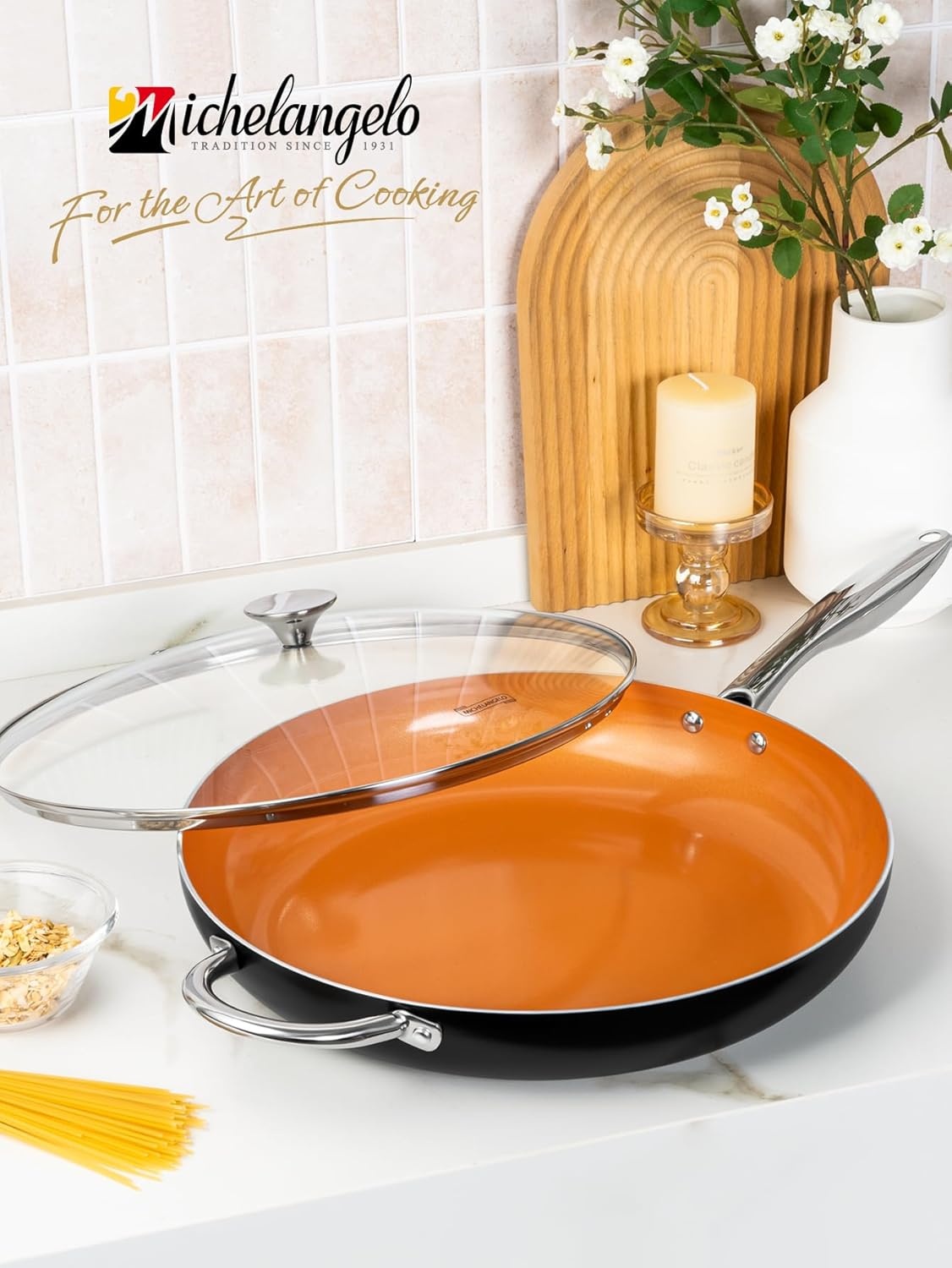 image:imageMICHELANGELO Large Frying Pan with Lid 14 Inch Ceramic Skillet with Nonstick Coating Healthy Non Stick Fry Pan Induction CompatibleOrange