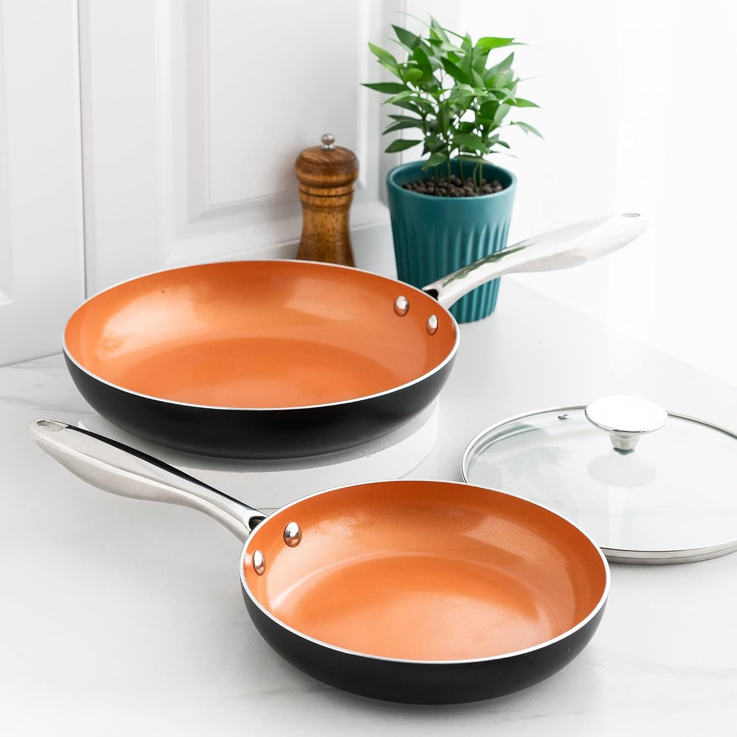 image:imageMICHELANGELO Large Frying Pan with Lid 14 Inch Ceramic Skillet with Nonstick Coating Healthy Non Stick Fry Pan Induction CompatibleOrange