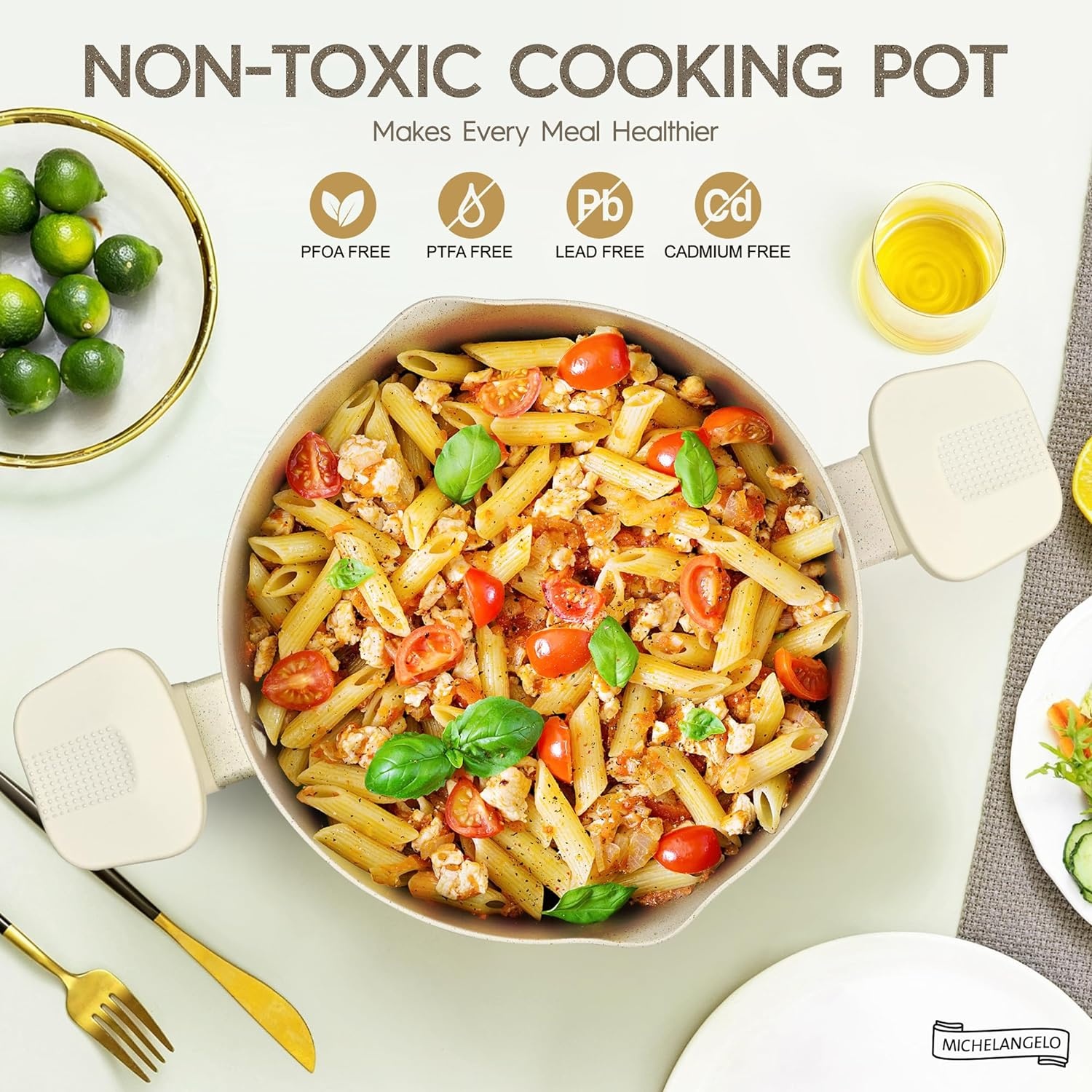 image:imageMICHELANGELO Pasta Pot with Strainer Lid 6 Quart Cooking Pot with Lid Non Stick Spaghetti Pot Ceramic Coated with Twist and Lock Handles for Easy Draining Induction Compatible Roden GreenWhite