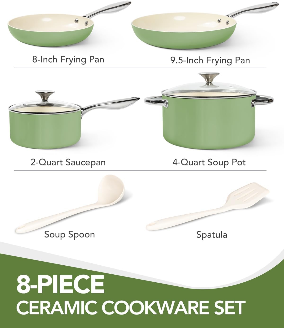 image:imageMICHELANGELO Pots and Pans Set Non Stick Titanium Cookware Set Non Toxic Ceramic Coating 8Pcs Nonstick Pots and Pans with Ergonomic Handle Dishwasher Safe amp Induction Compatible CreamGreen
