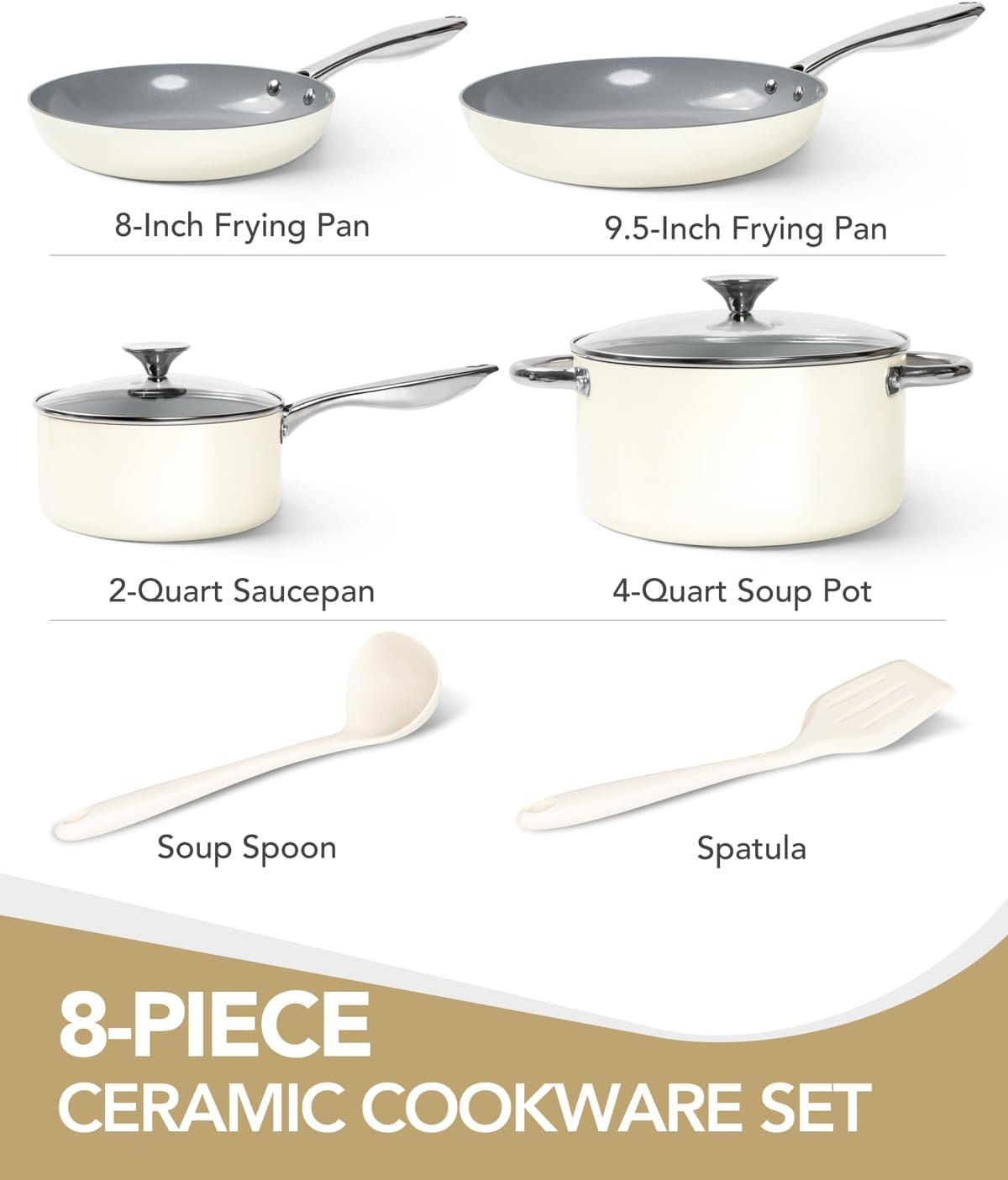 image:imageMICHELANGELO Pots and Pans Set Non Stick Titanium Cookware Set Non Toxic Ceramic Coating 8Pcs Nonstick Pots and Pans with Ergonomic Handle Dishwasher Safe amp Induction Compatible CreamCream