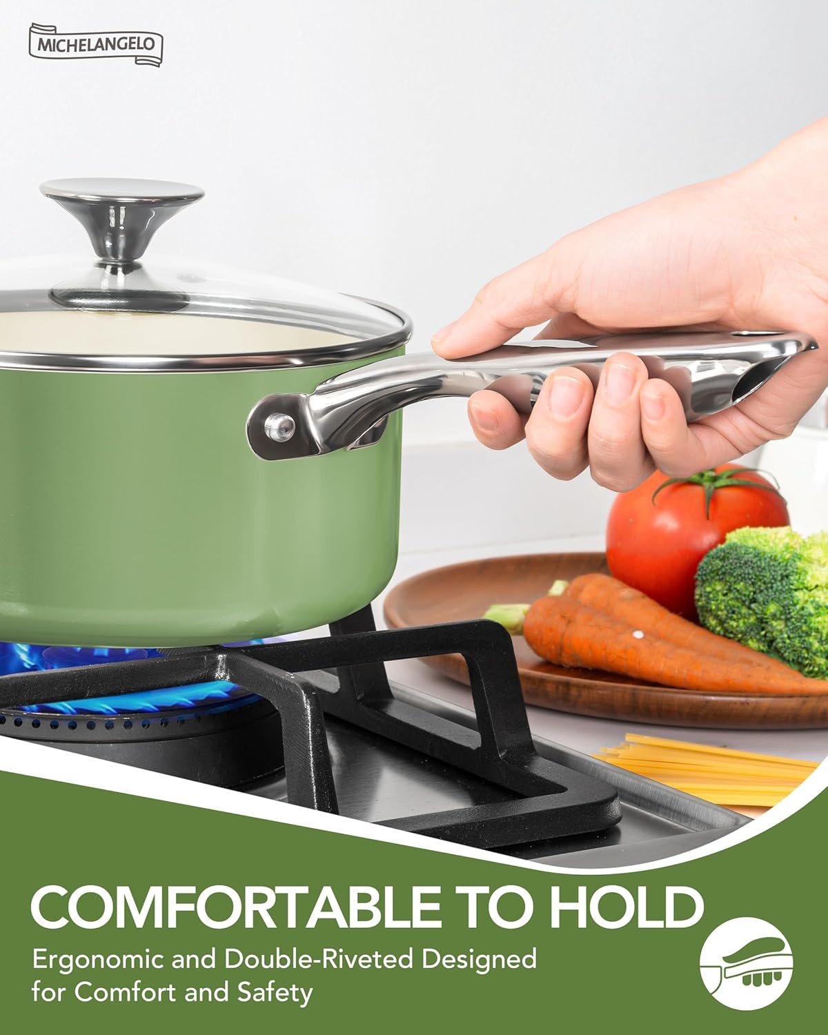 image:imageMICHELANGELO Pots and Pans Set Non Stick Titanium Cookware Set Non Toxic Ceramic Coating 8Pcs Nonstick Pots and Pans with Ergonomic Handle Dishwasher Safe amp Induction Compatible CreamGreen