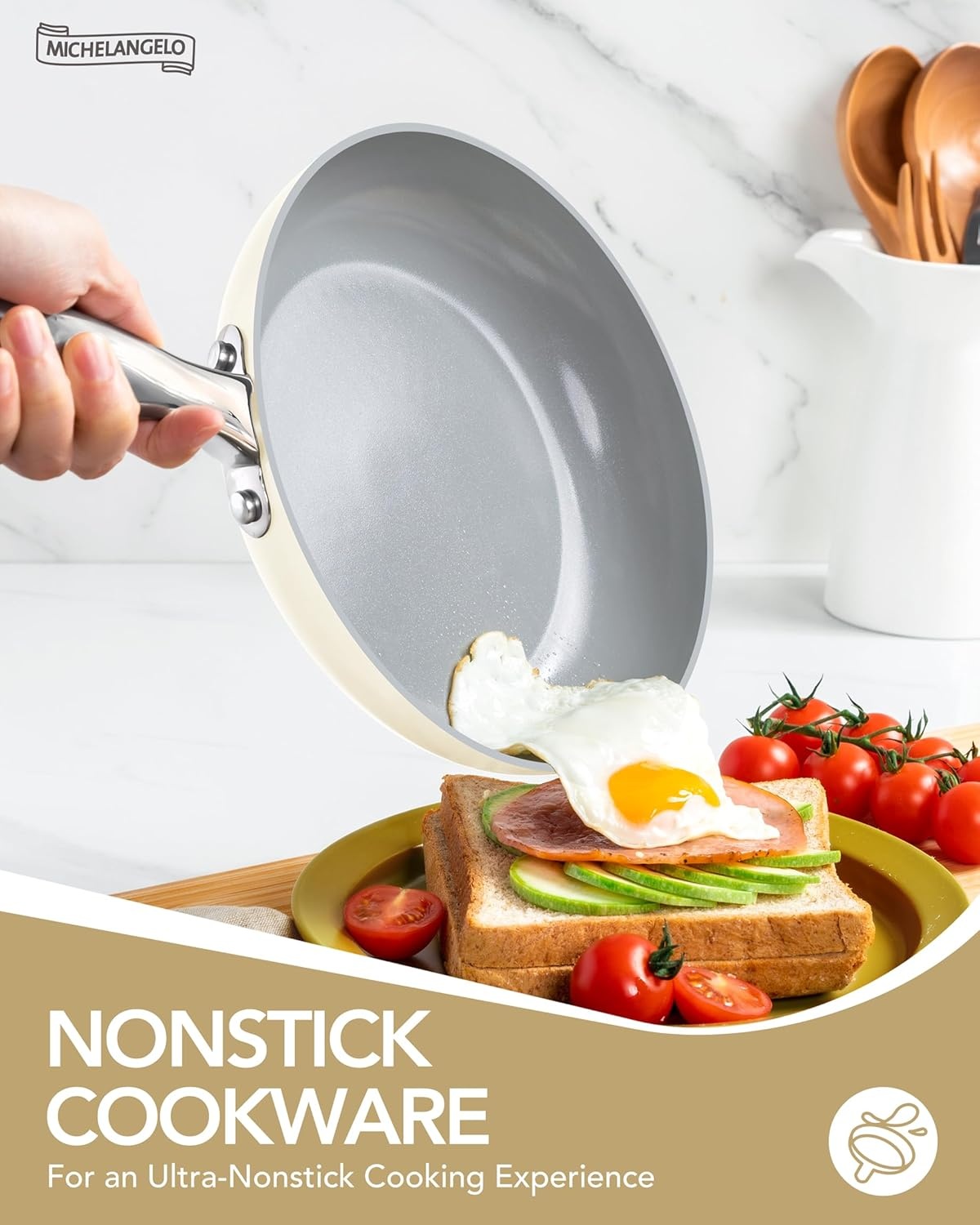 image:imageMICHELANGELO Pots and Pans Set Non Stick Titanium Cookware Set Non Toxic Ceramic Coating 8Pcs Nonstick Pots and Pans with Ergonomic Handle Dishwasher Safe amp Induction Compatible CreamCream