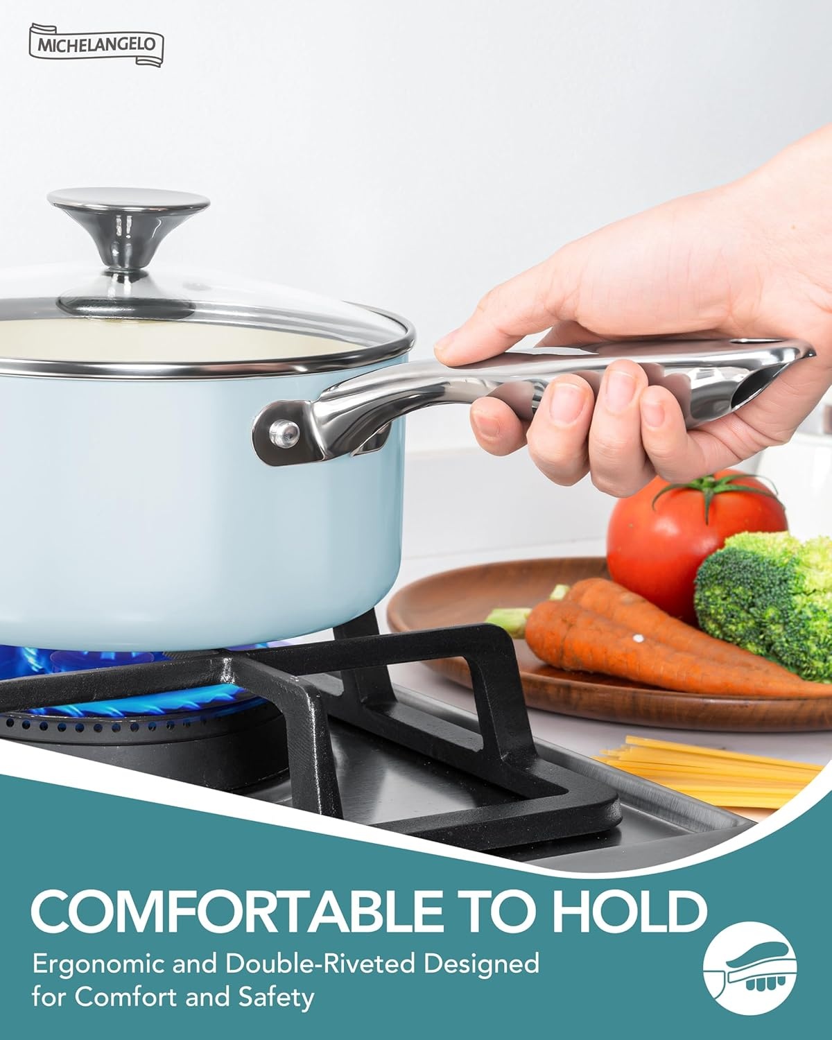 image:imageMICHELANGELO Pots and Pans Set Non Stick Titanium Cookware Set Non Toxic Ceramic Coating 8Pcs Nonstick Pots and Pans with Ergonomic Handle Dishwasher Safe amp Induction Compatible CreamBlue