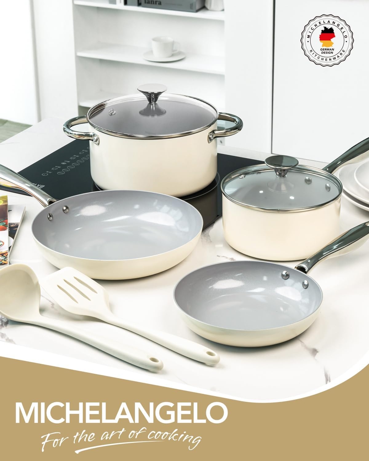 image:imageMICHELANGELO Pots and Pans Set Non Stick Titanium Cookware Set Non Toxic Ceramic Coating 8Pcs Nonstick Pots and Pans with Ergonomic Handle Dishwasher Safe amp Induction Compatible CreamCream