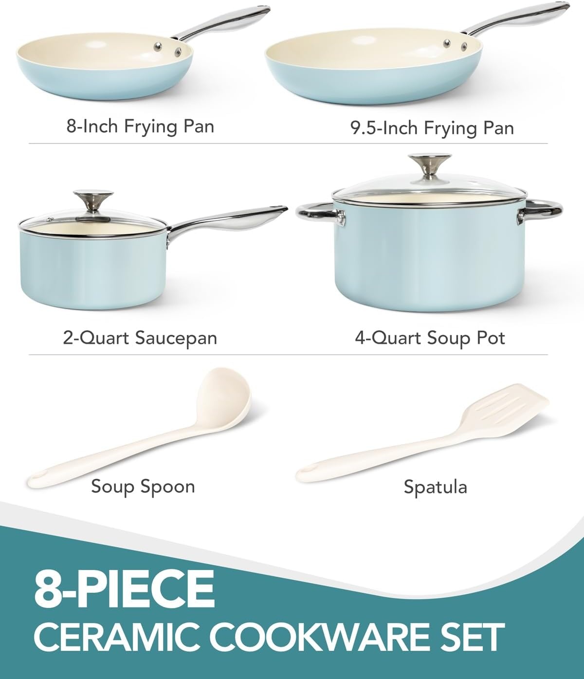 image:imageMICHELANGELO Pots and Pans Set Non Stick Titanium Cookware Set Non Toxic Ceramic Coating 8Pcs Nonstick Pots and Pans with Ergonomic Handle Dishwasher Safe amp Induction Compatible CreamBlue