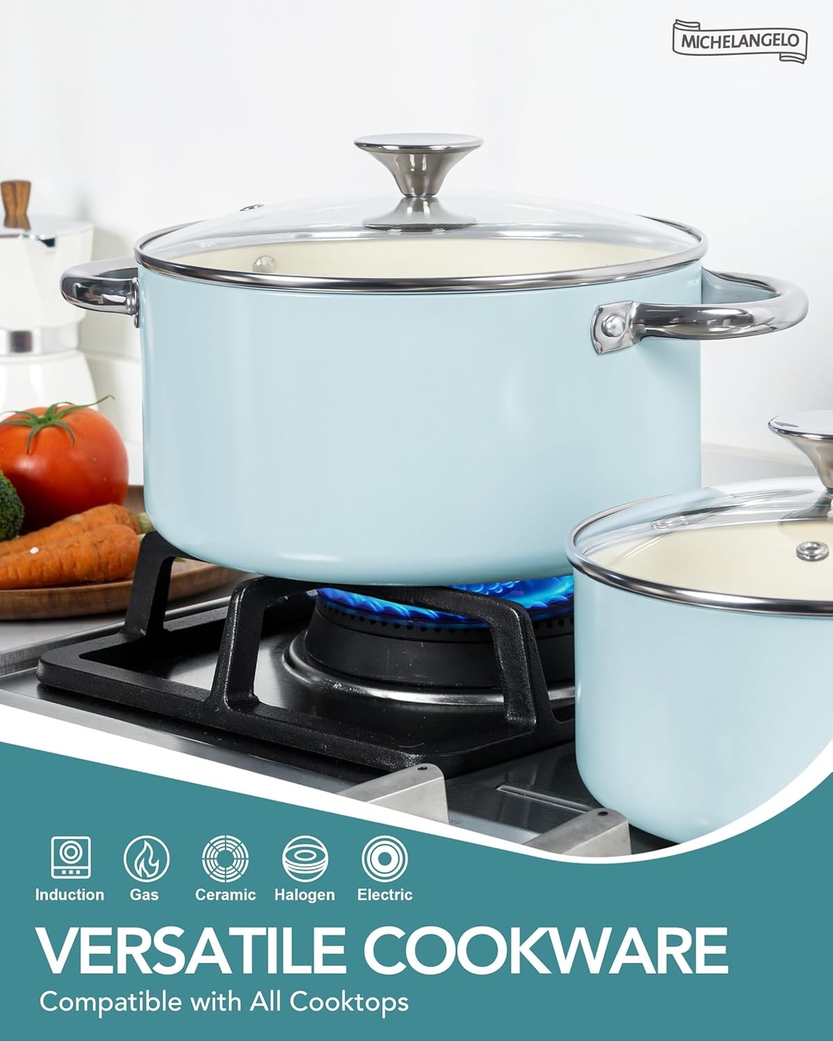 image:imageMICHELANGELO Pots and Pans Set Non Stick Titanium Cookware Set Non Toxic Ceramic Coating 8Pcs Nonstick Pots and Pans with Ergonomic Handle Dishwasher Safe amp Induction Compatible CreamBlue