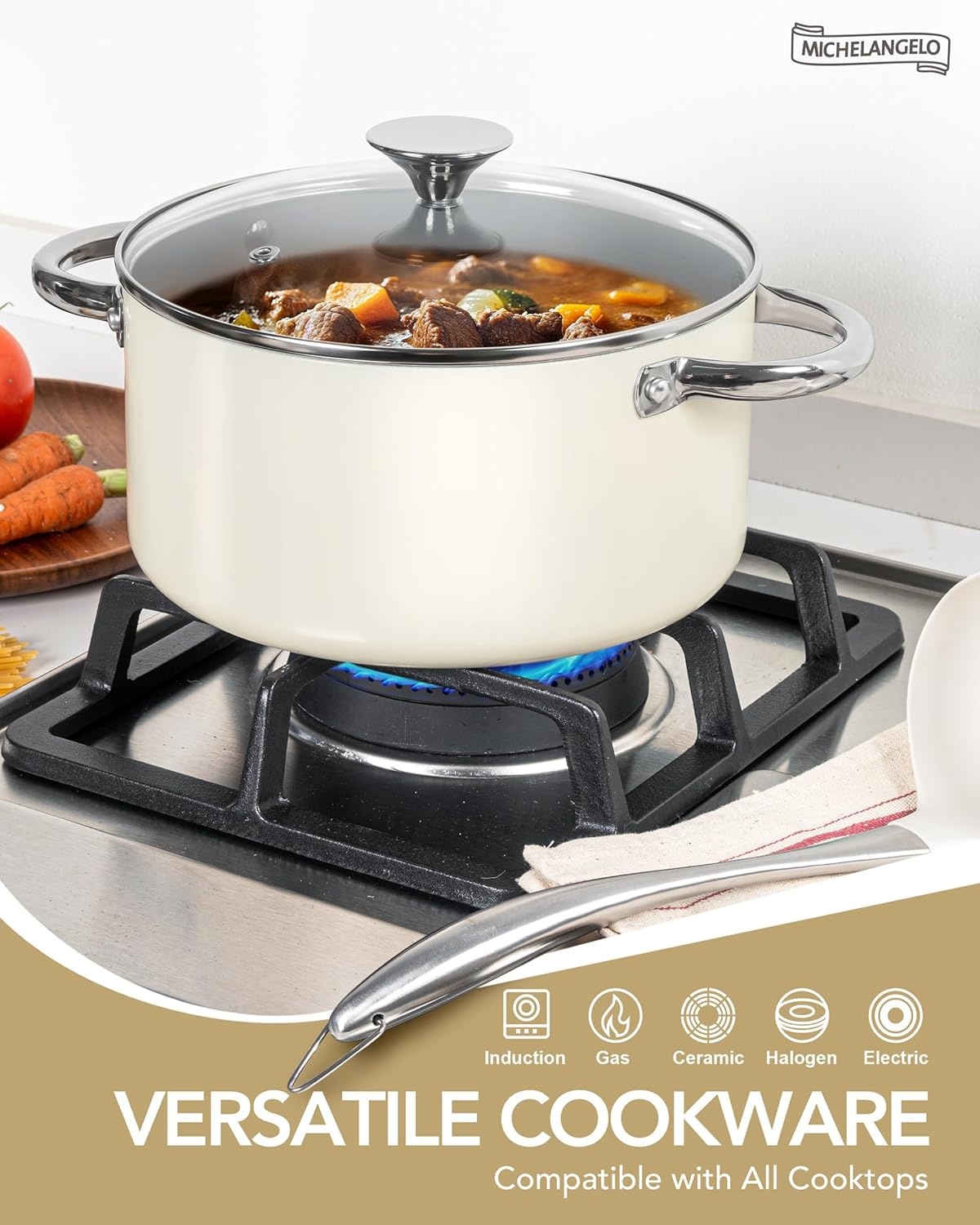 image:imageMICHELANGELO Pots and Pans Set Non Stick Titanium Cookware Set Non Toxic Ceramic Coating 8Pcs Nonstick Pots and Pans with Ergonomic Handle Dishwasher Safe amp Induction Compatible CreamCream