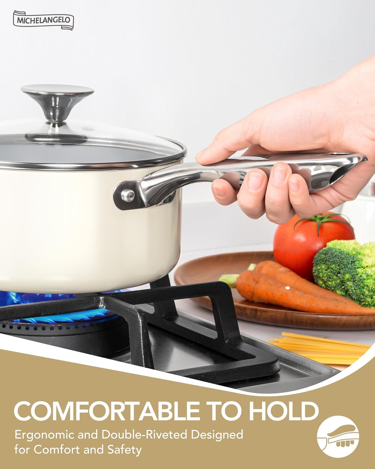 image:imageMICHELANGELO Pots and Pans Set Non Stick Titanium Cookware Set Non Toxic Ceramic Coating 8Pcs Nonstick Pots and Pans with Ergonomic Handle Dishwasher Safe amp Induction Compatible CreamCream