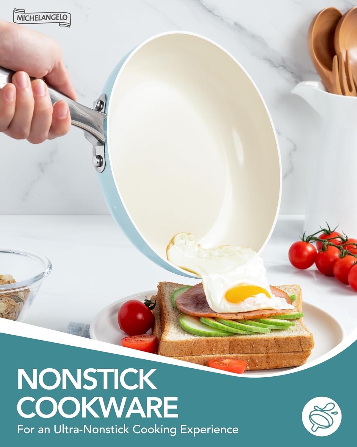 image:imageMICHELANGELO Pots and Pans Set Non Stick Titanium Cookware Set Non Toxic Ceramic Coating 8Pcs Nonstick Pots and Pans with Ergonomic Handle Dishwasher Safe amp Induction Compatible CreamBlue