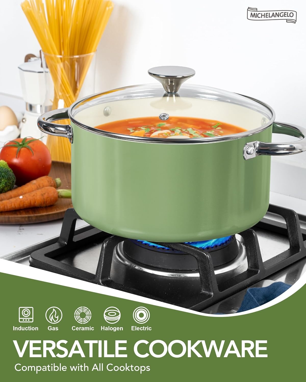 image:imageMICHELANGELO Pots and Pans Set Non Stick Titanium Cookware Set Non Toxic Ceramic Coating 8Pcs Nonstick Pots and Pans with Ergonomic Handle Dishwasher Safe amp Induction Compatible CreamGreen