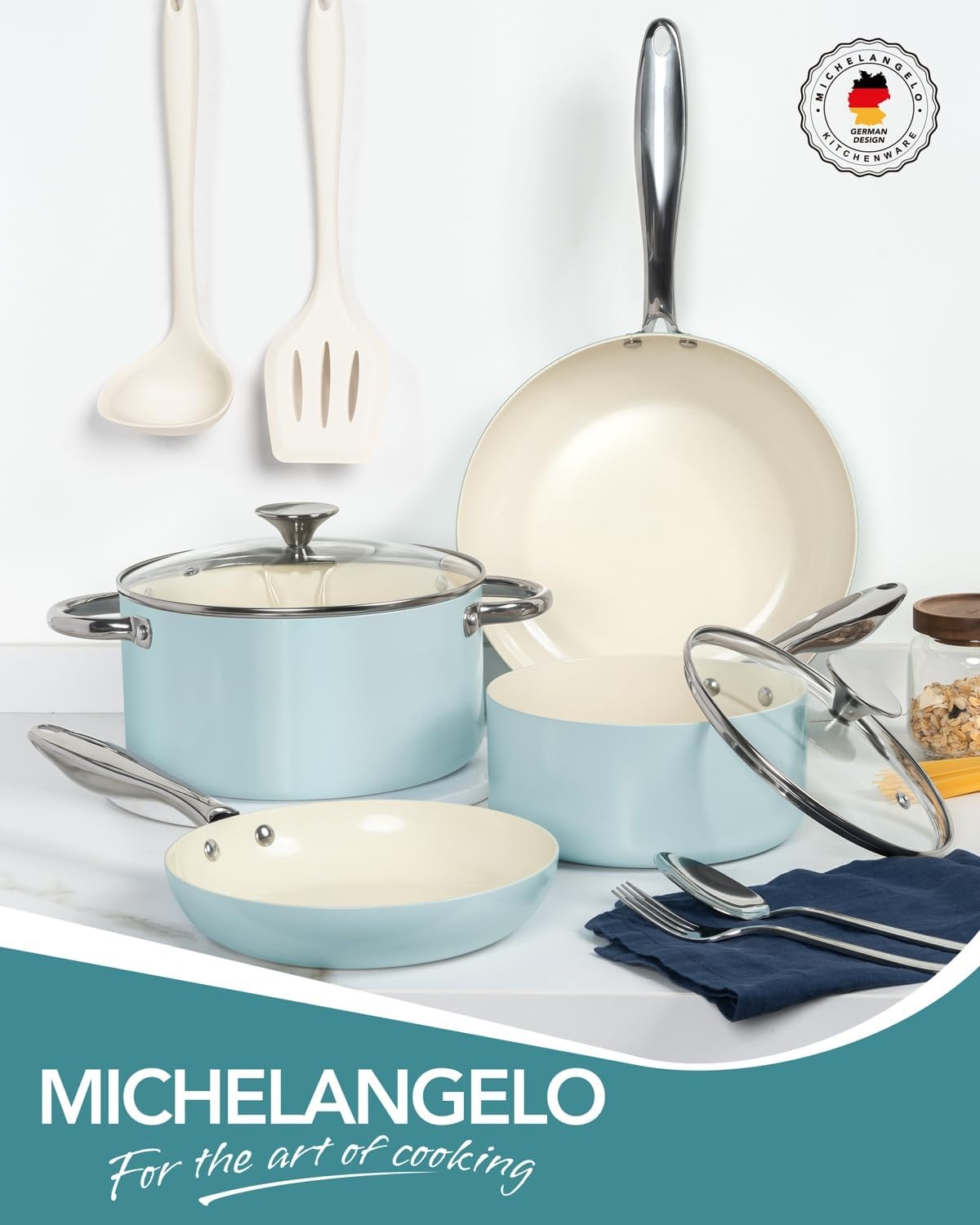 image:imageMICHELANGELO Pots and Pans Set Non Stick Titanium Cookware Set Non Toxic Ceramic Coating 8Pcs Nonstick Pots and Pans with Ergonomic Handle Dishwasher Safe amp Induction Compatible CreamBlue