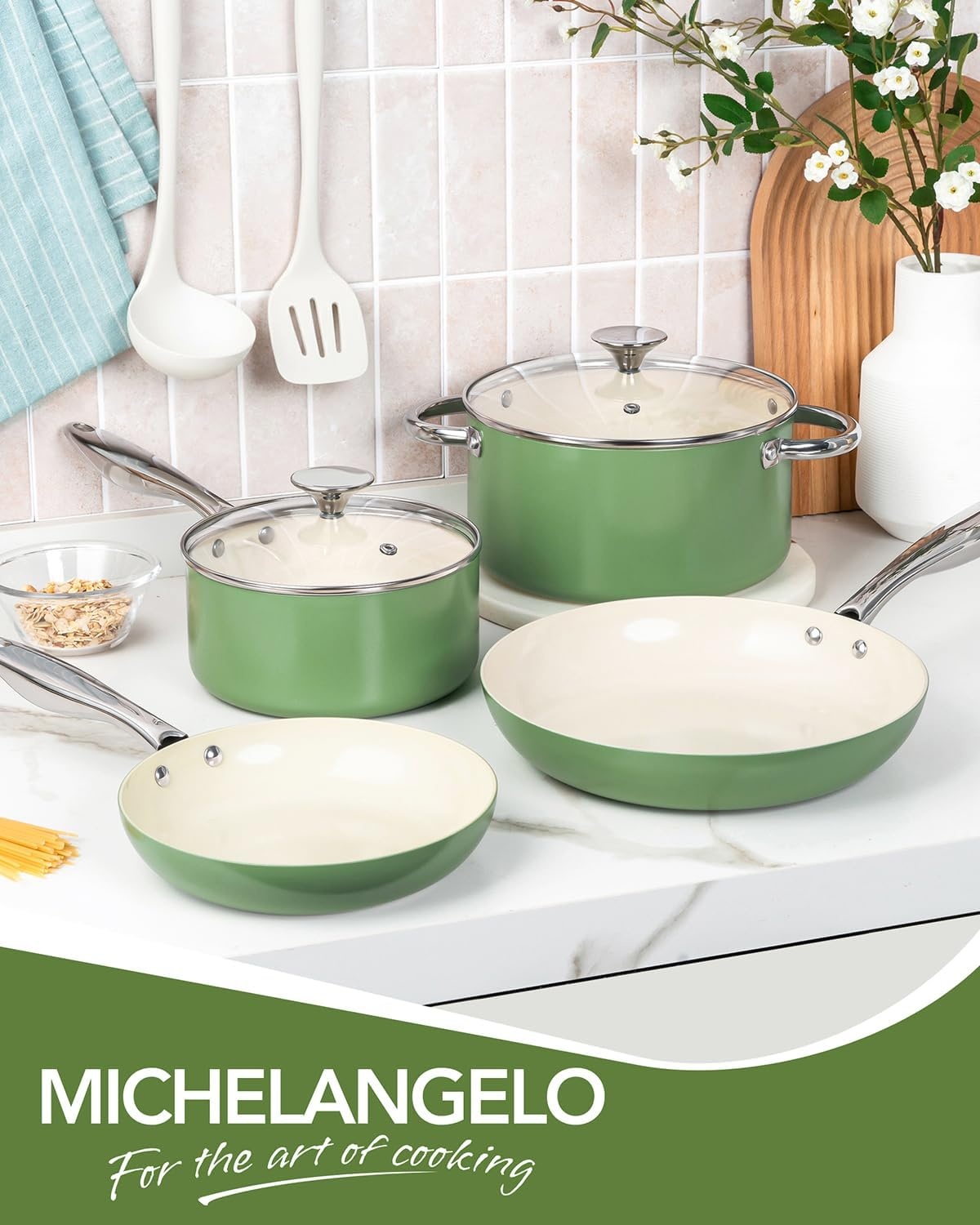 image:imageMICHELANGELO Pots and Pans Set Non Stick Titanium Cookware Set Non Toxic Ceramic Coating 8Pcs Nonstick Pots and Pans with Ergonomic Handle Dishwasher Safe amp Induction Compatible CreamGreen