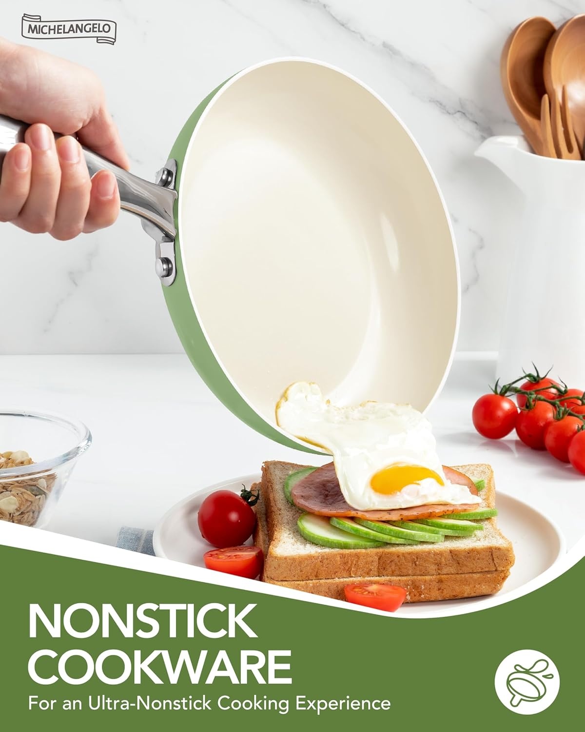 image:imageMICHELANGELO Pots and Pans Set Non Stick Titanium Cookware Set Non Toxic Ceramic Coating 8Pcs Nonstick Pots and Pans with Ergonomic Handle Dishwasher Safe amp Induction Compatible CreamGreen