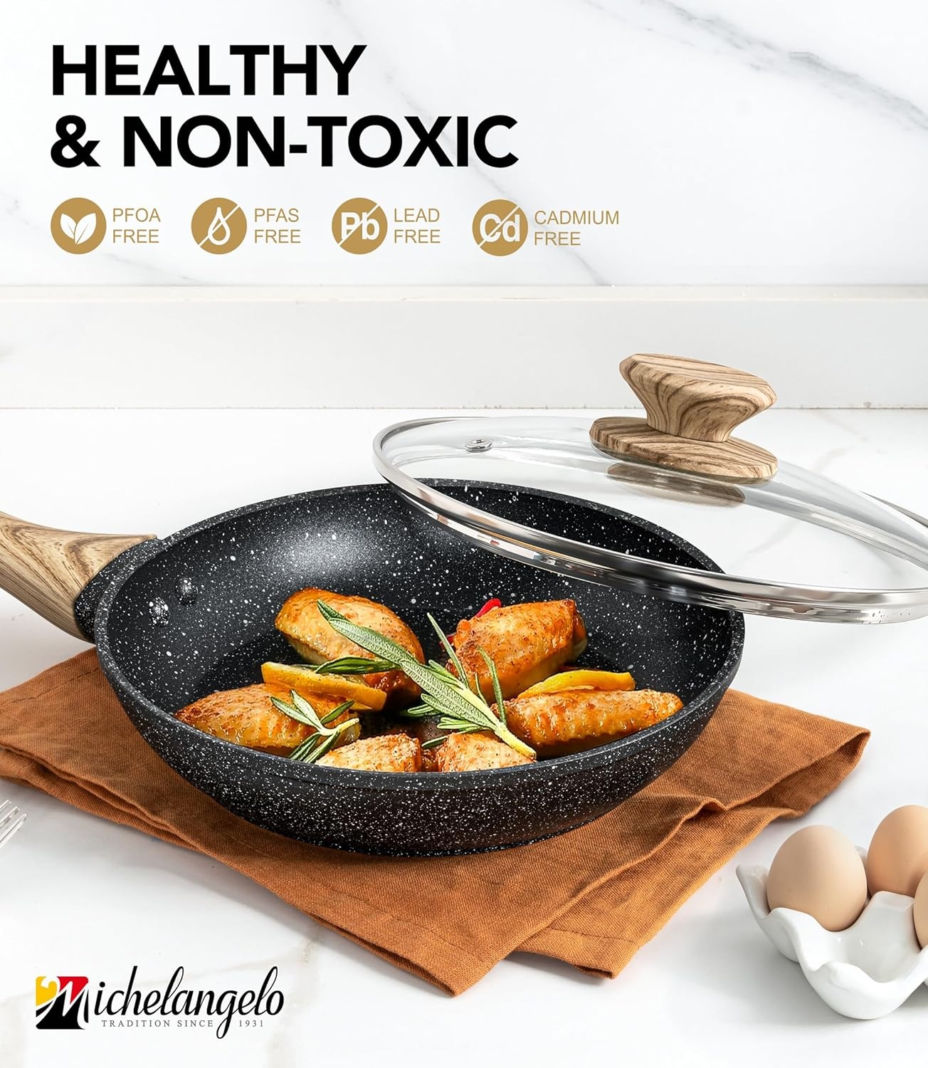 image:imageMICHELANGELO Small Frying Pan Nonstick 6 Inch Single Egg Frying Pan Mini Skillet with StayCool Handle NonToxic Omelette Pan BlackBlack Granite