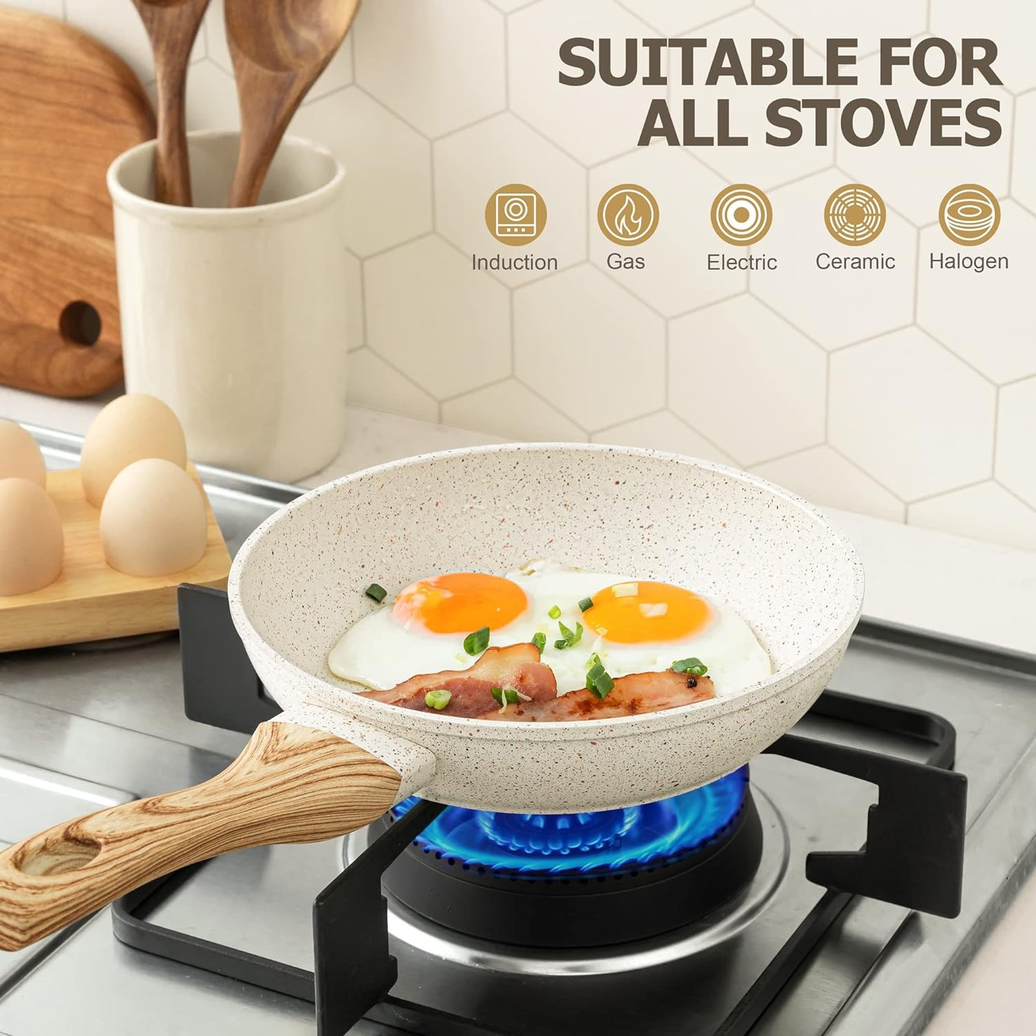 image:imageMICHELANGELO Small Frying Pan Nonstick 6 Inch Single Egg Frying Pan Mini Skillet with StayCool Handle NonToxic Omelette Pan BlackWhite Granite