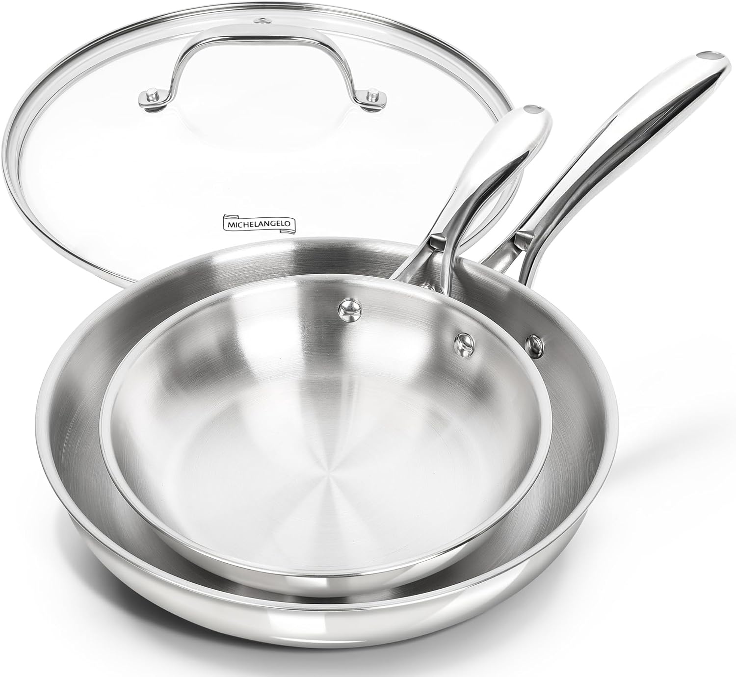 image:imageMICHELANGELO Stainless Steel Frying Pan Set 8 10 Cooking Pan set with Triply Base Stainless Steel Skillet with Ergonomic Handle Induction CompatibleSilver