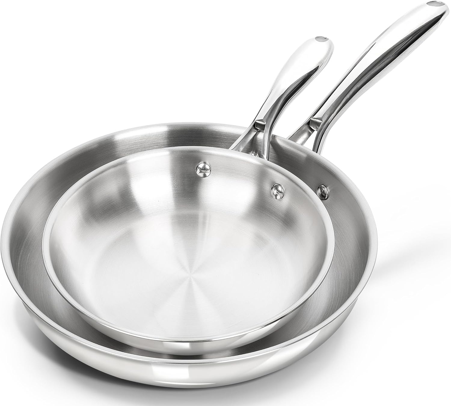 image:imageMICHELANGELO Stainless Steel Frying Pan Set 8 10 Cooking Pan set with Triply Base Stainless Steel Skillet with Ergonomic Handle Induction CompatibleSilver