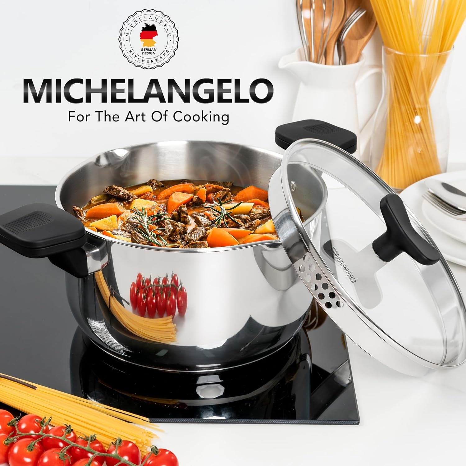 image:imageMICHELANGELO Stainless Steel Pasta Pot with Strainer Lid Pasta Cooker 6 Quart Induction Pot for All Cooktops 6 Qt Spaghetti Pots with Strainer Lid6 Quart