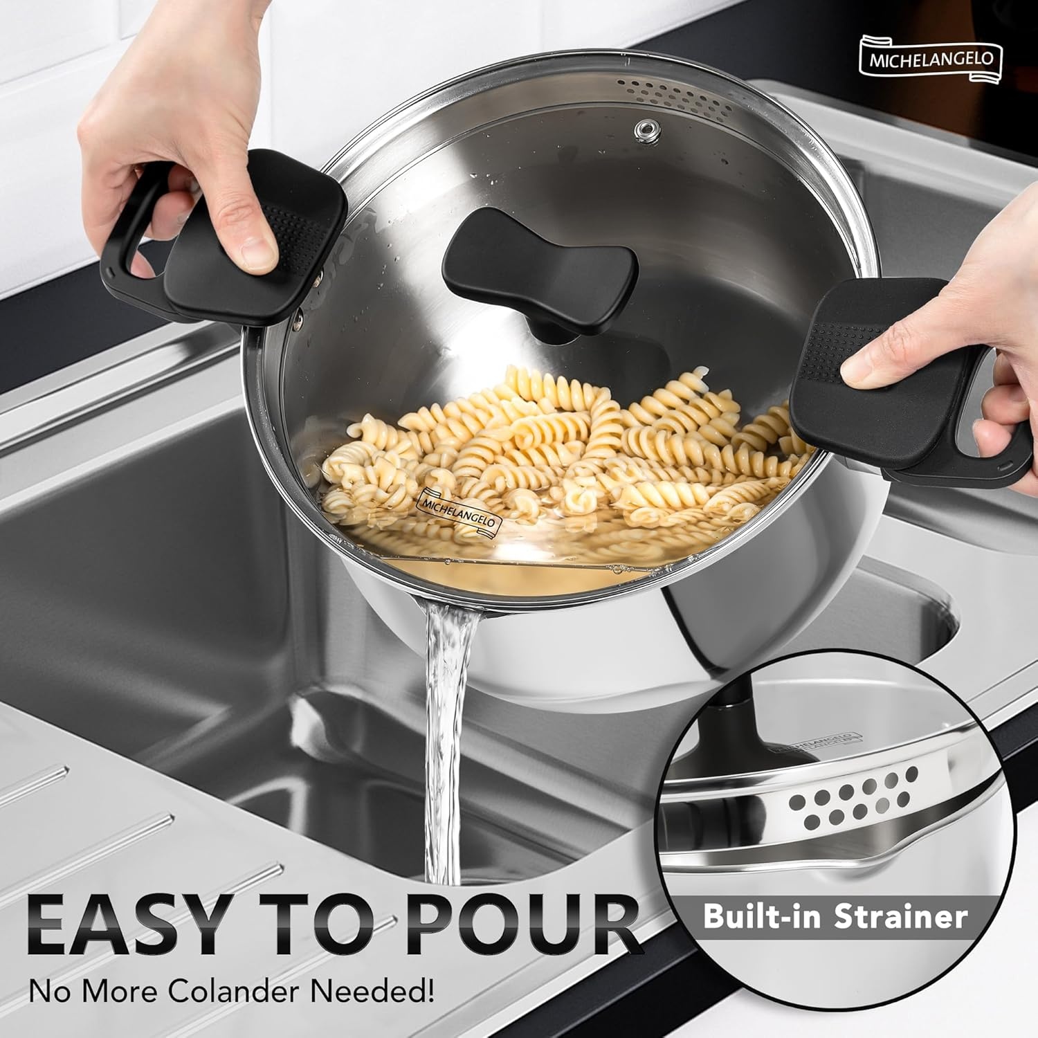 image:imageMICHELANGELO Stainless Steel Pasta Pot with Strainer Lid Pasta Cooker 6 Quart Induction Pot for All Cooktops 6 Qt Spaghetti Pots with Strainer Lid6 Quart